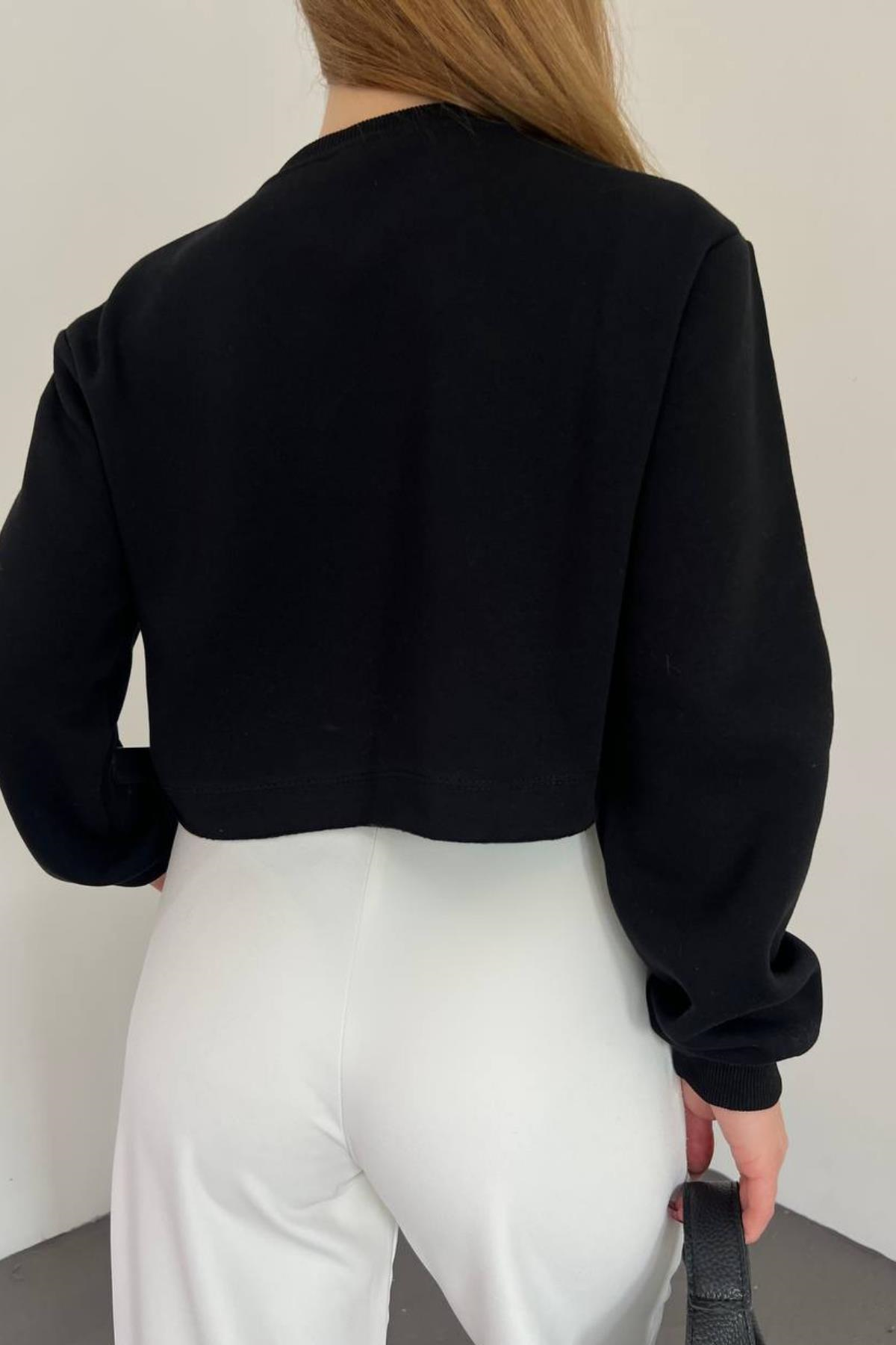 Oversize Polarlı Kısa Sweat Siyah