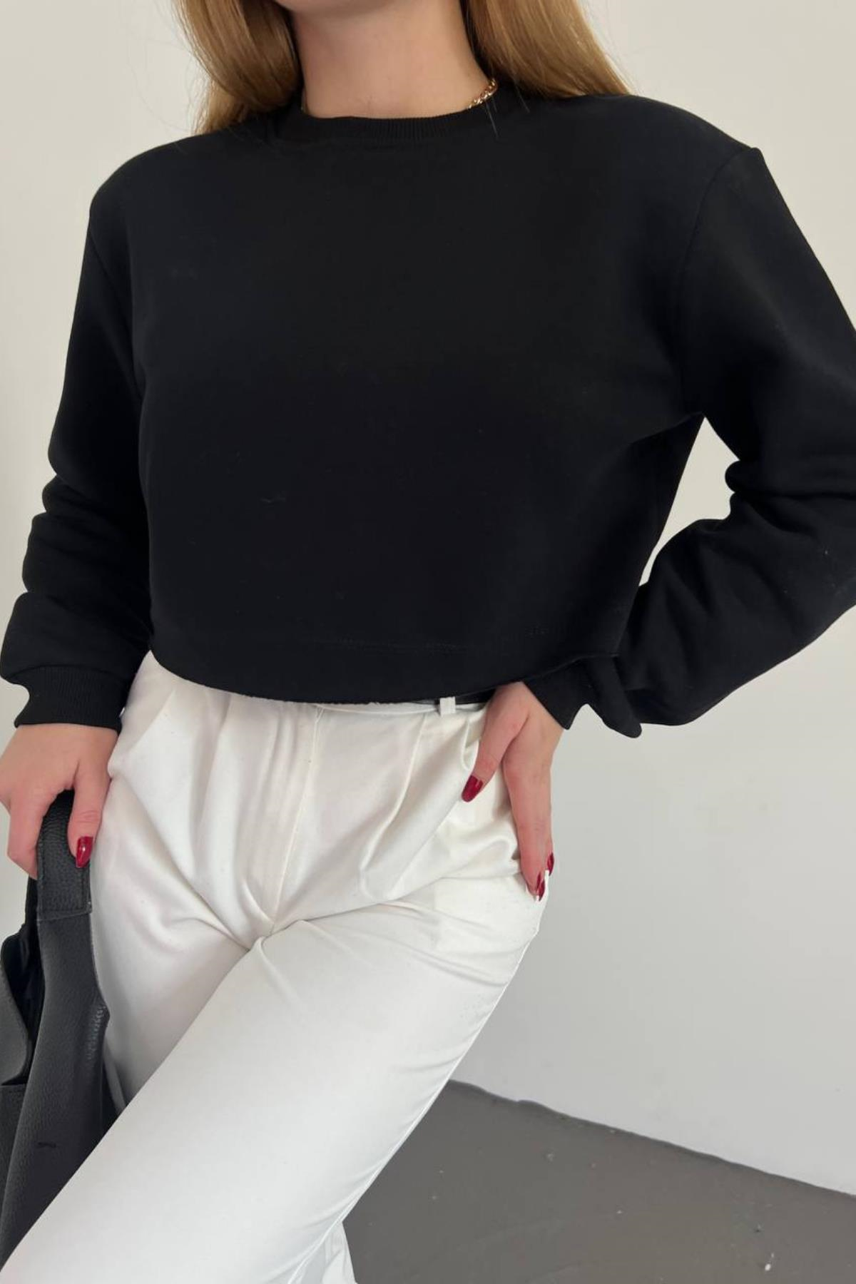 Oversize Polarlı Kısa Sweat Siyah