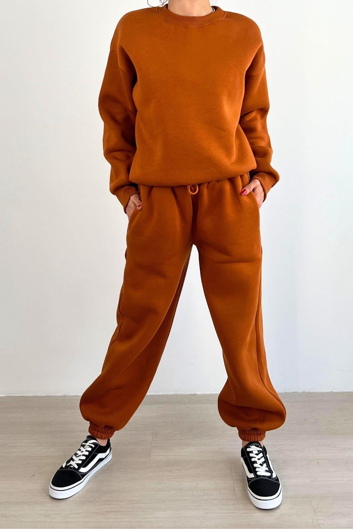 Oversize Polarlı Premium Kalın Eşofman Takım Taba