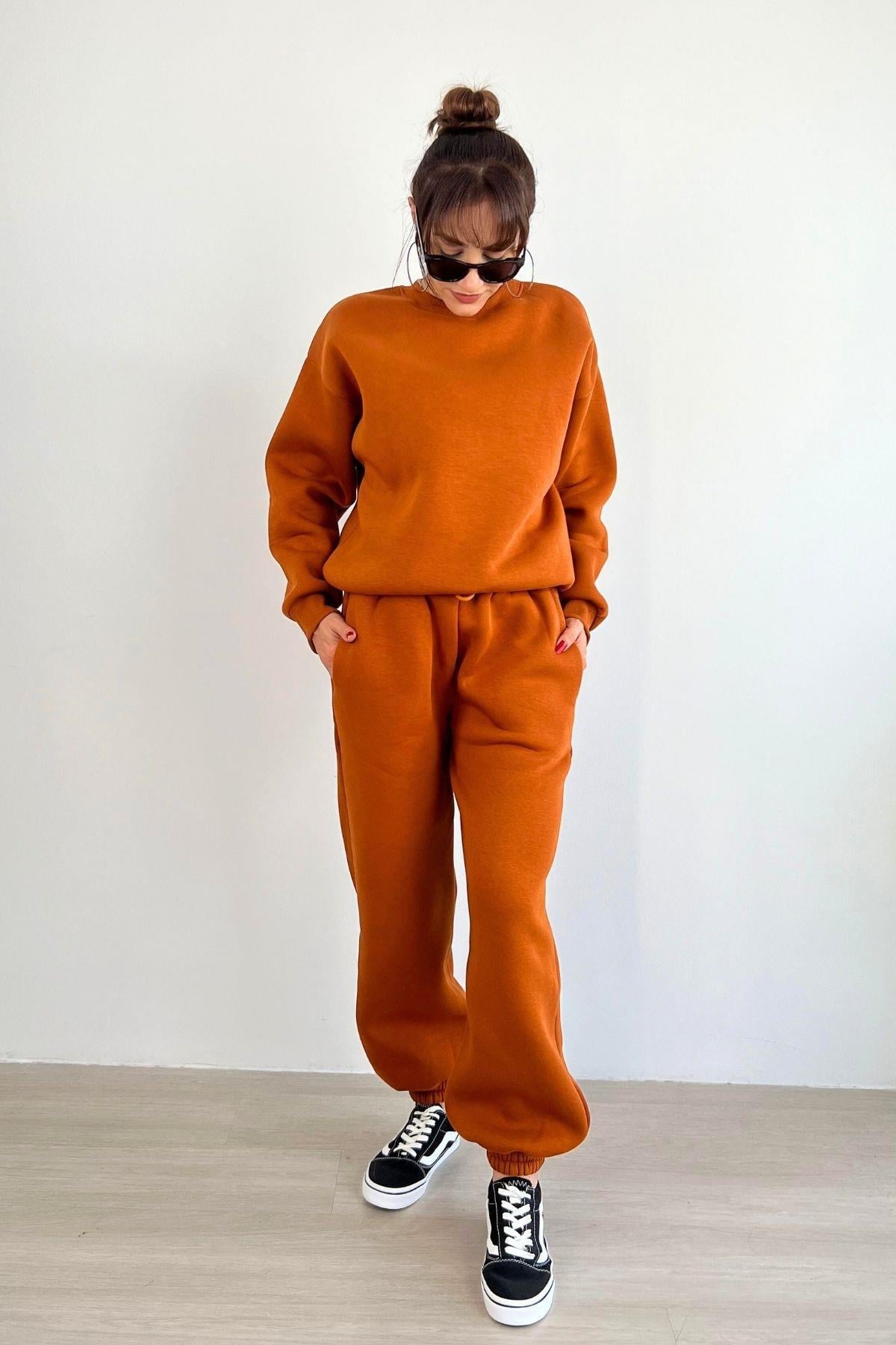 Oversize Polarlı Premium Kalın Eşofman Takım Taba