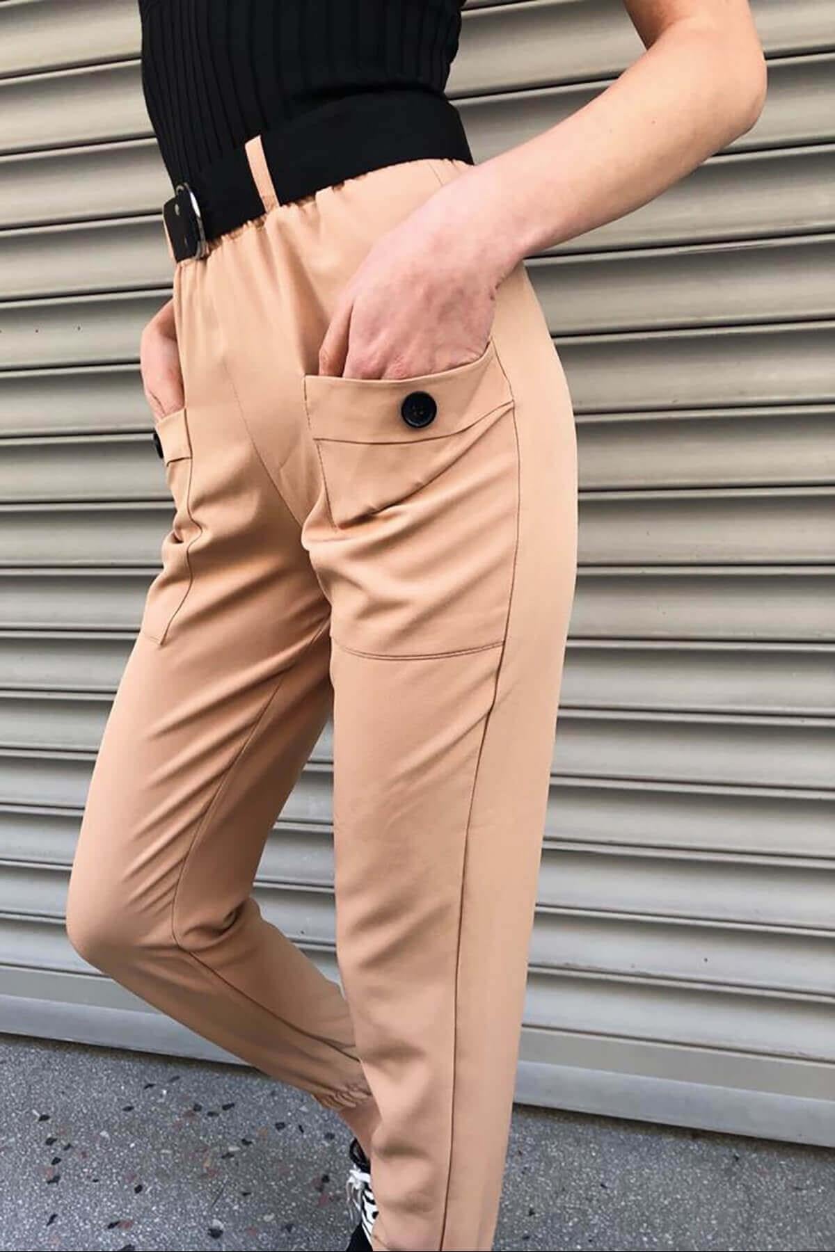 Paça Lastikli Kemerli Pantolon Vizon