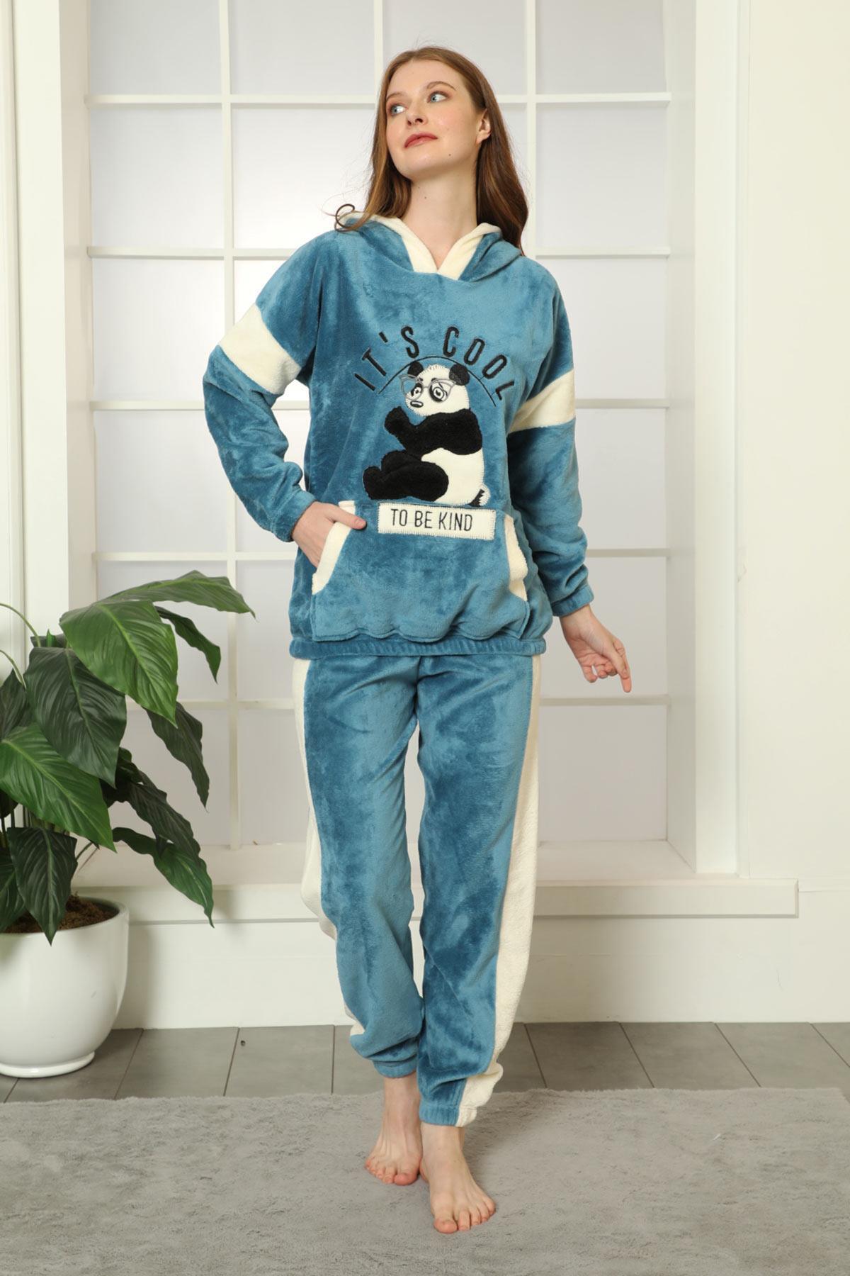 Panda Kapüşonlu Kadife Pijama Takımı