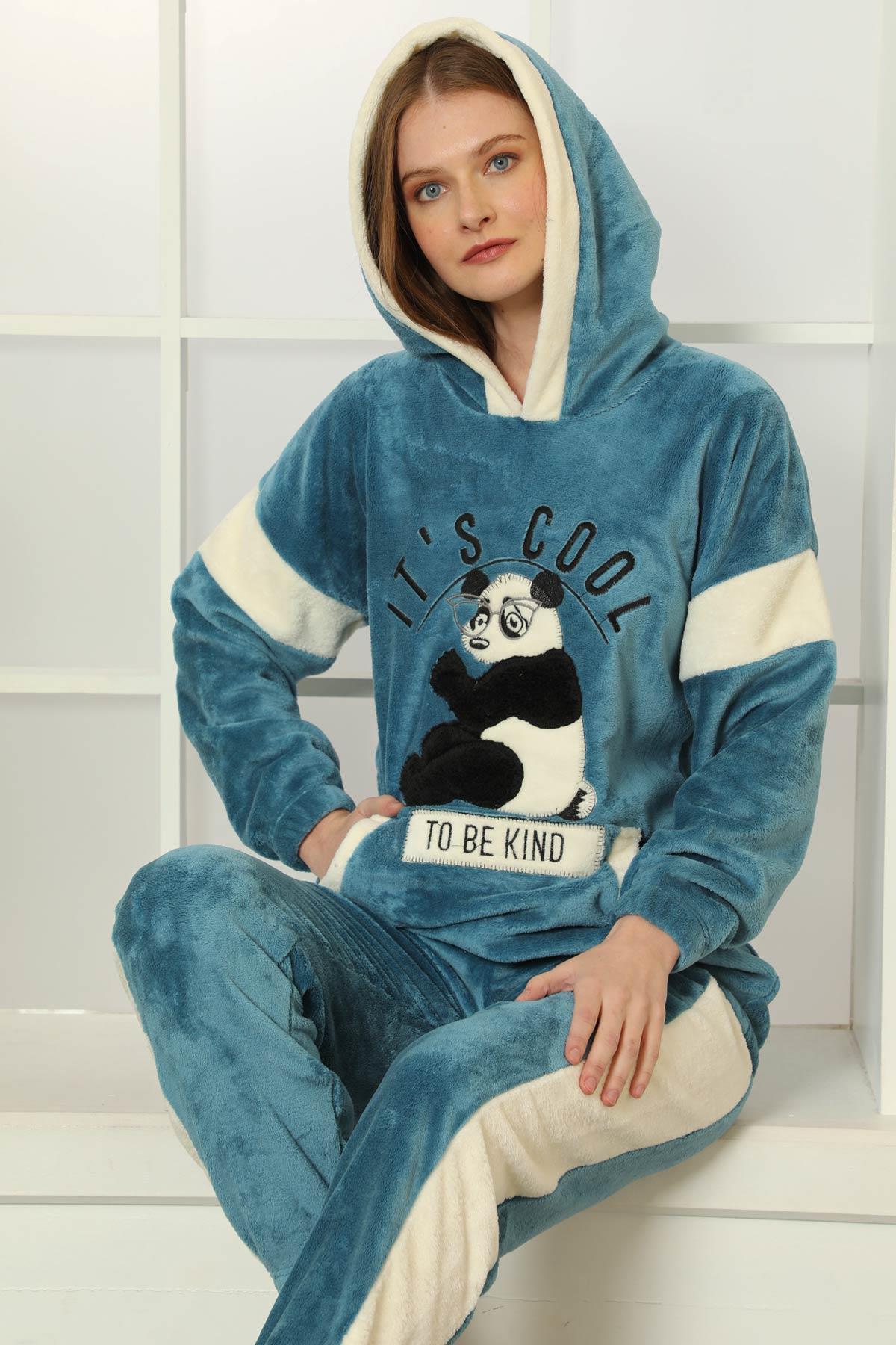 Panda Kapüşonlu Kadife Pijama Takımı