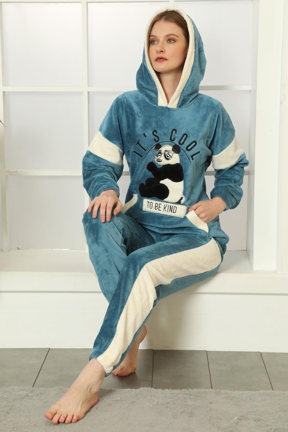 Panda Kapüşonlu Kadife Pijama Takımı