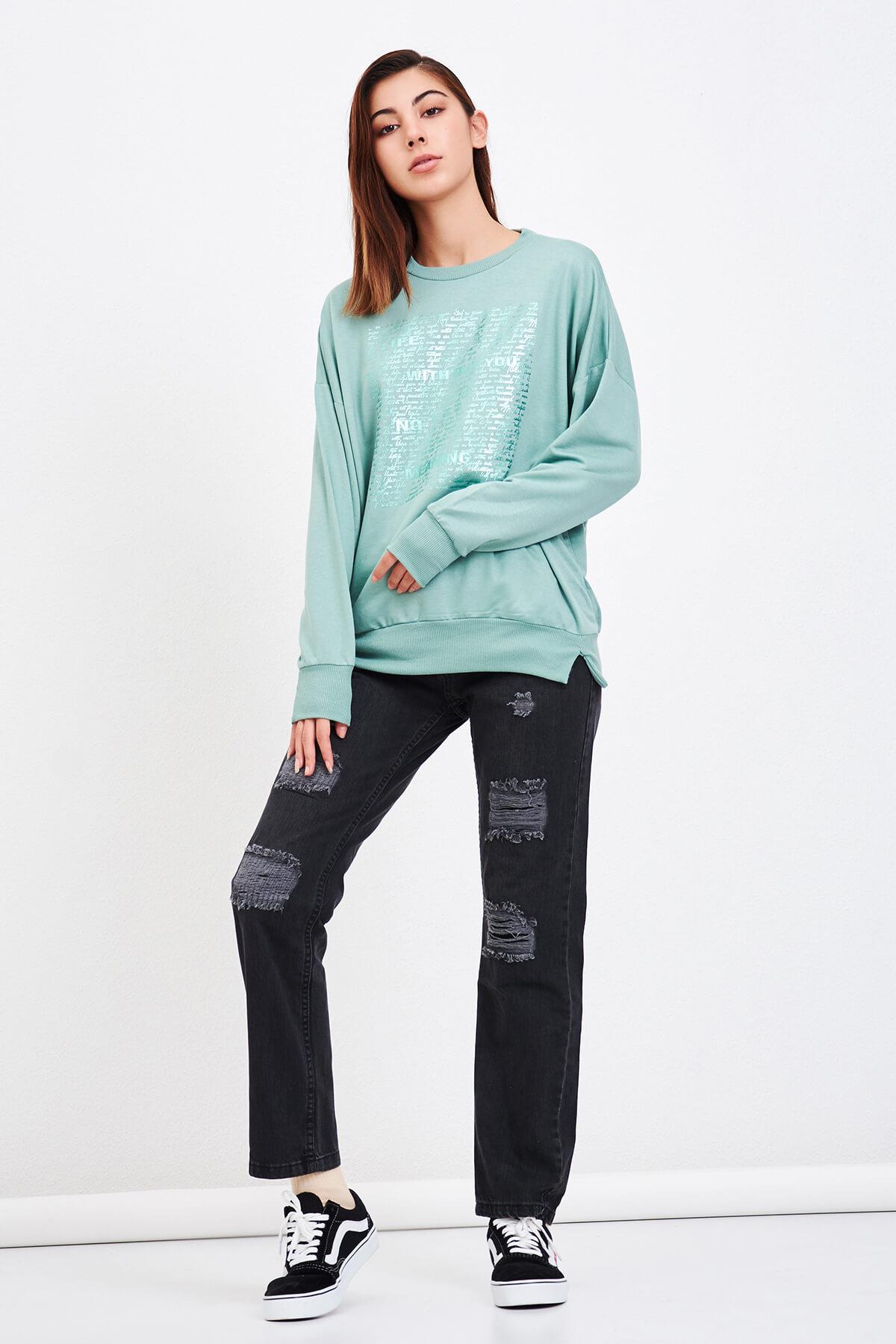 Parlak Yazı Detaylı Sweat Mint