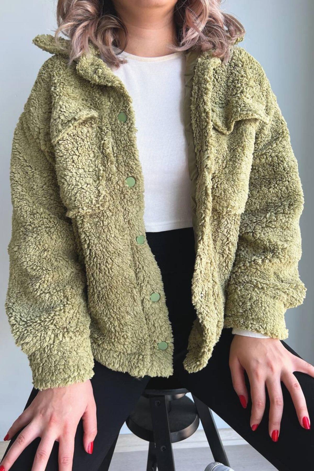 Peluş Astarlı Kadın Mont Yeşil