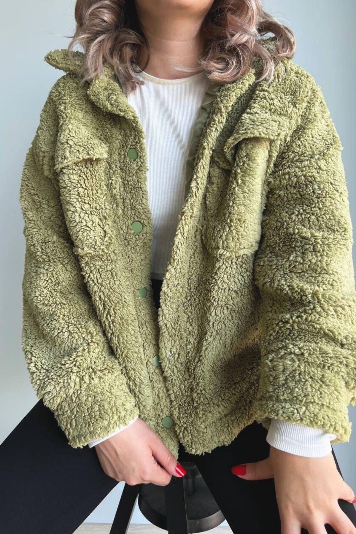 Peluş Astarlı Kadın Mont Yeşil
