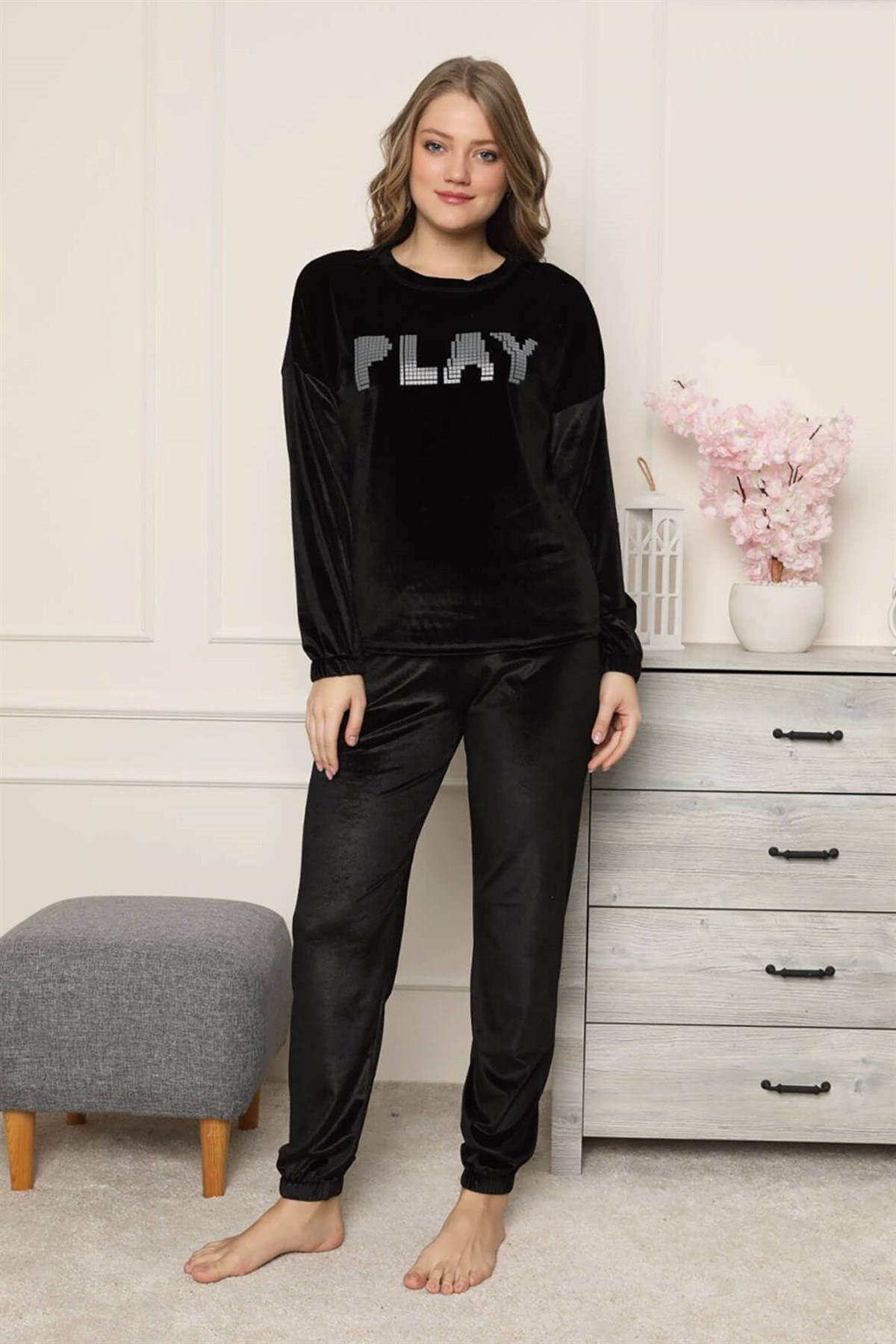 Play Likralı Kadife Pijama Takımı Siyah