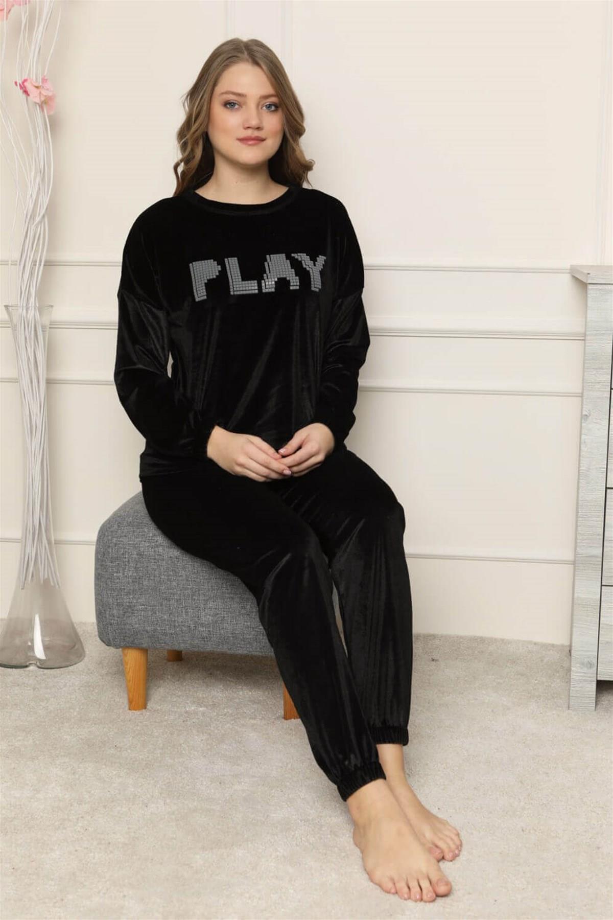 Play Likralı Kadife Pijama Takımı Siyah