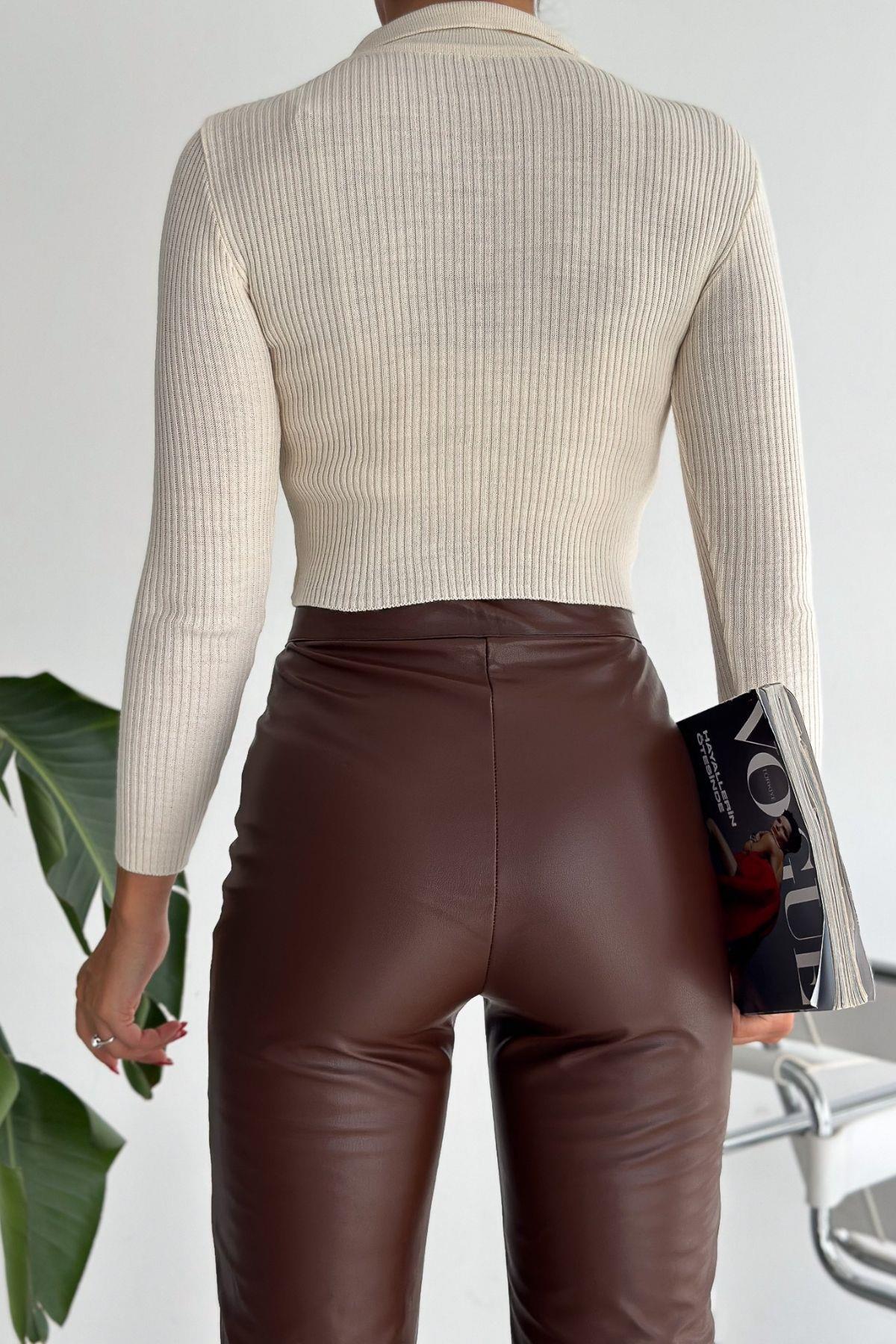 Polo Yaka Fitilli Basic Triko Ekru