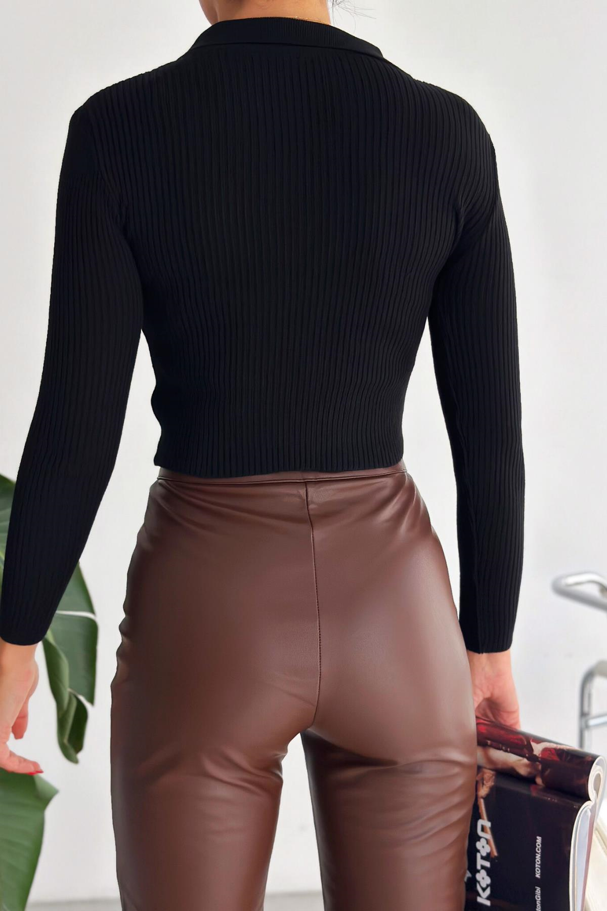 Polo Yaka Fitilli Basic Triko Siyah