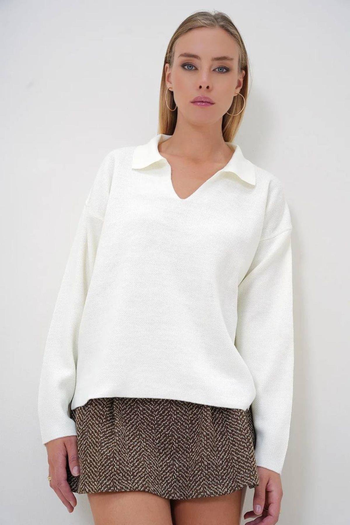 Polo Yaka Salaş Kazak Ekru