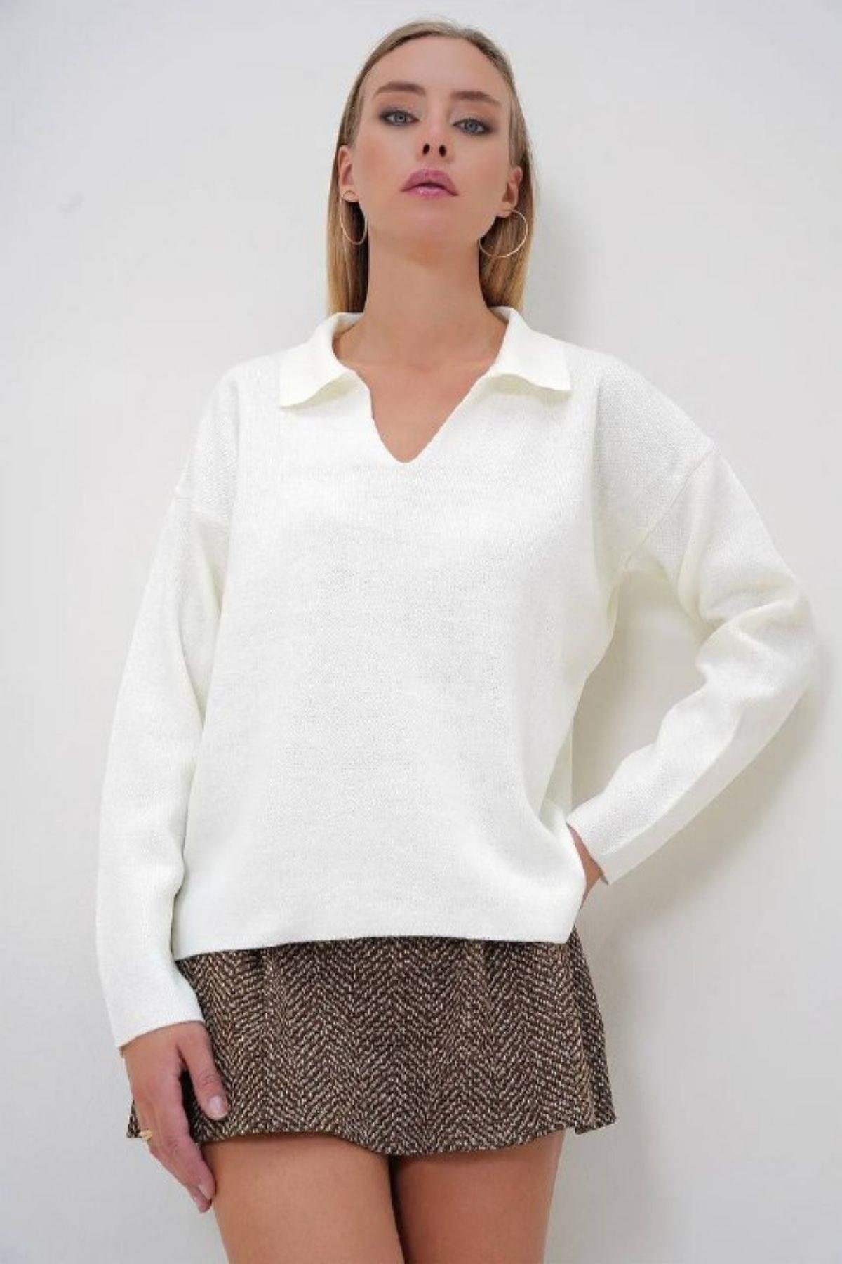 Polo Yaka Salaş Kazak Ekru