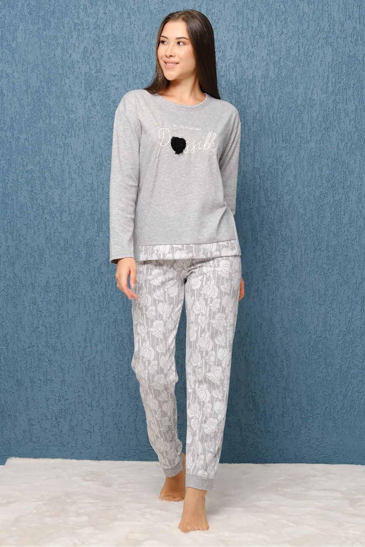 Possible Jakarlı Gri Kadın Pijama Takımı