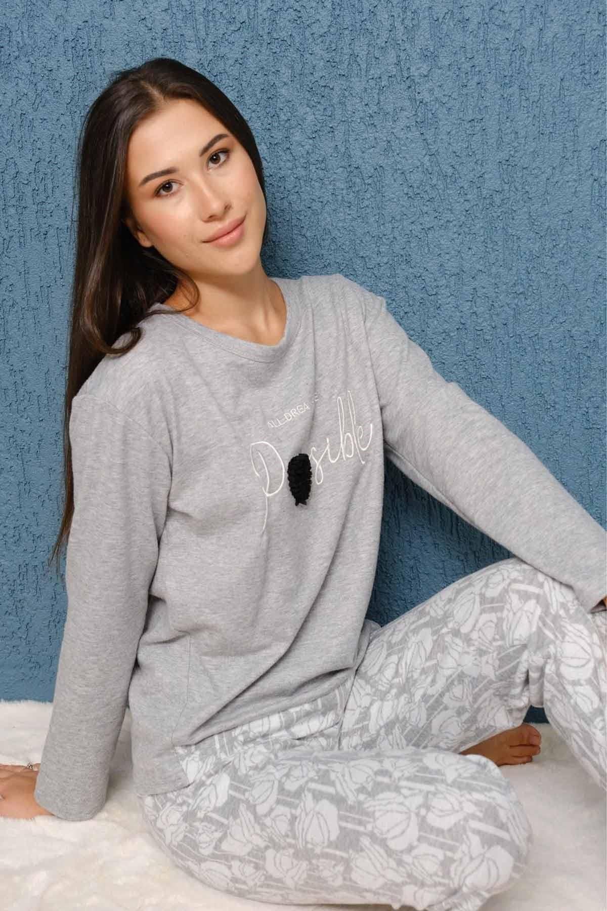 Possible Jakarlı Gri Kadın Pijama Takımı