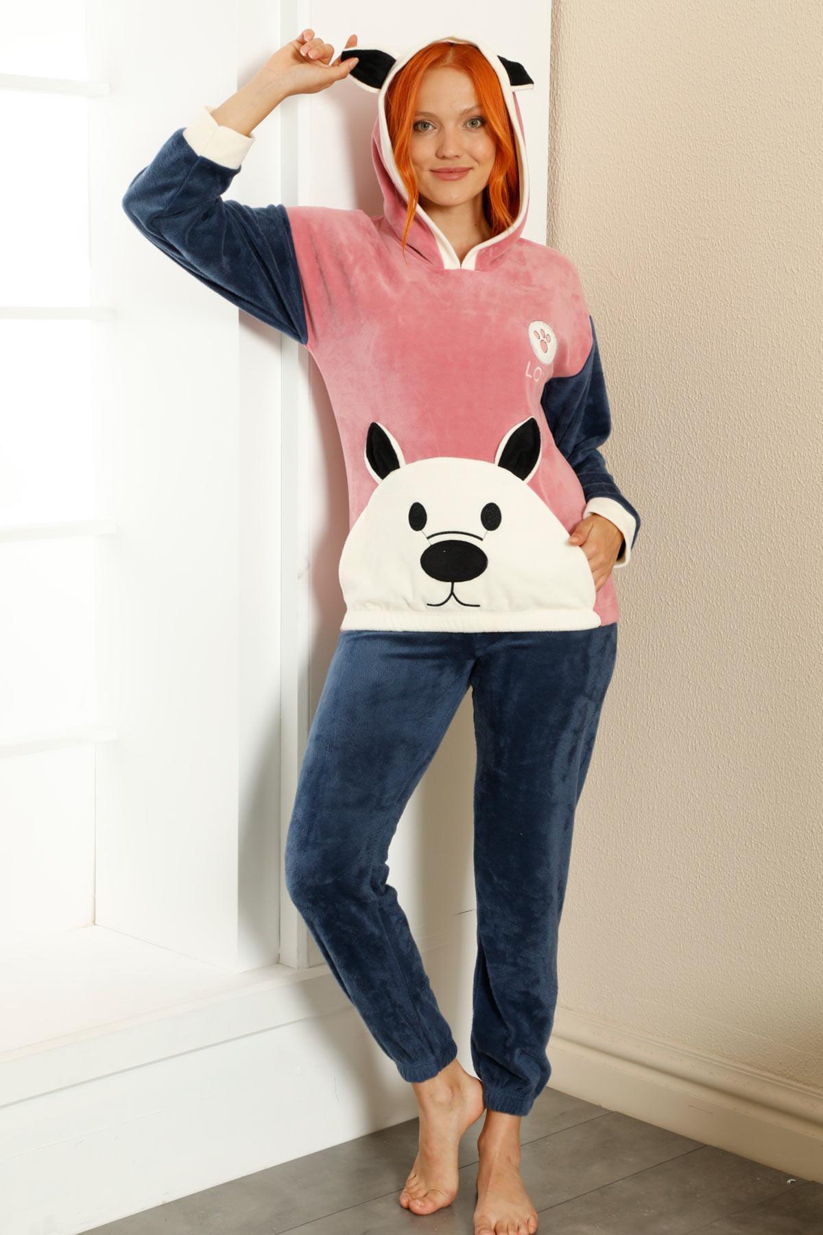 Premium Kapüşonlu Ayıcıklı Kadife Pijama Takımı