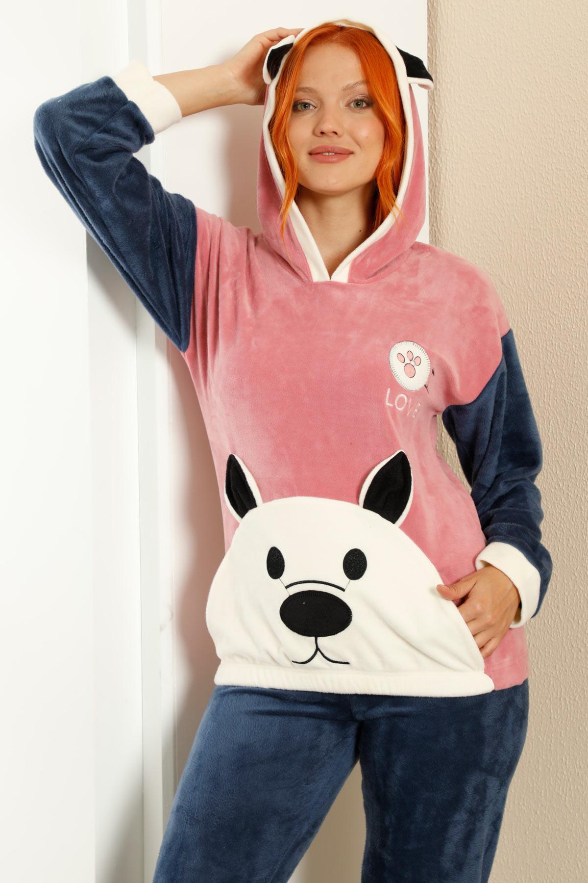 Premium Kapüşonlu Ayıcıklı Kadife Pijama Takımı