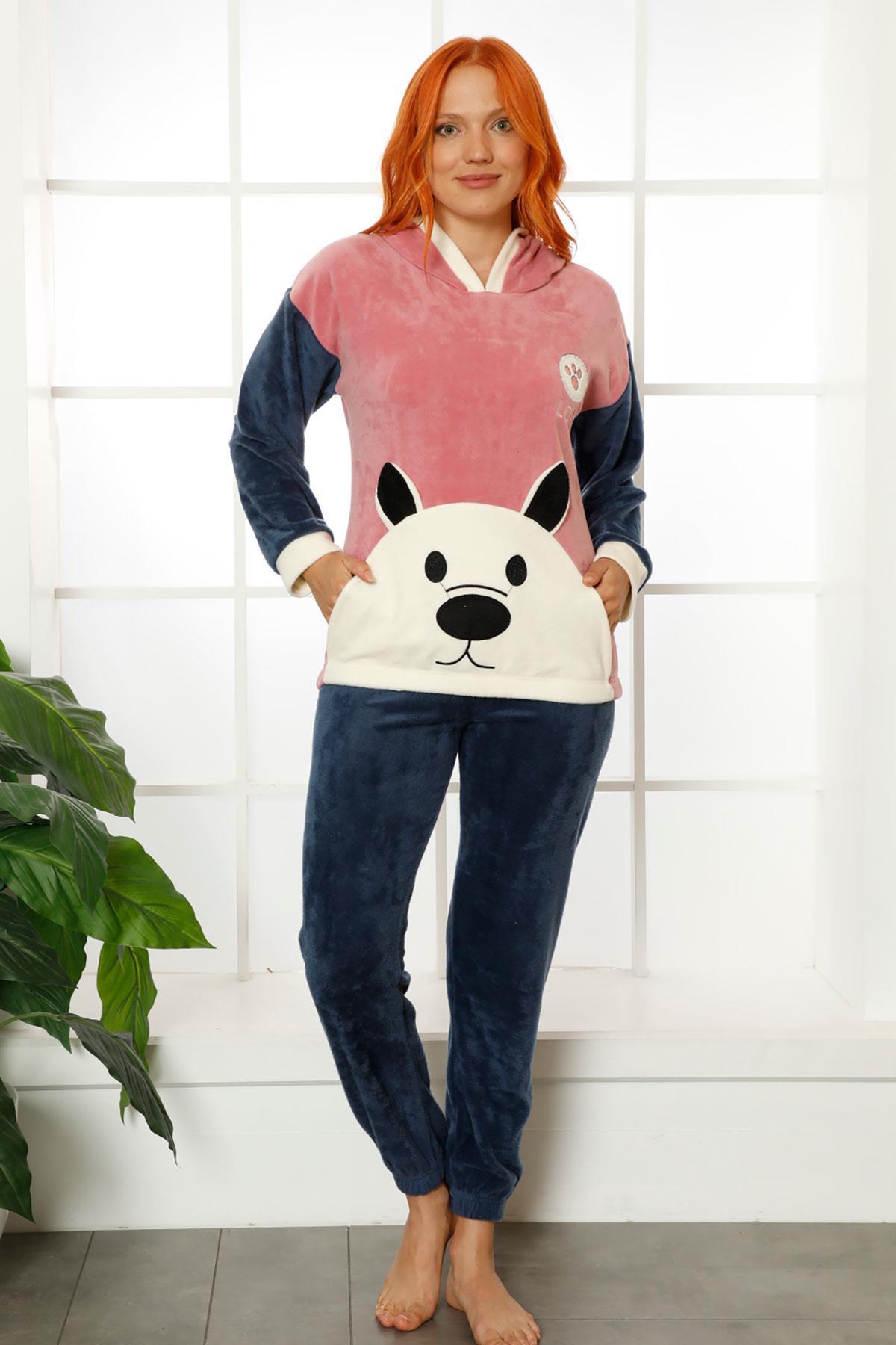 Premium Kapüşonlu Ayıcıklı Kadife Pijama Takımı