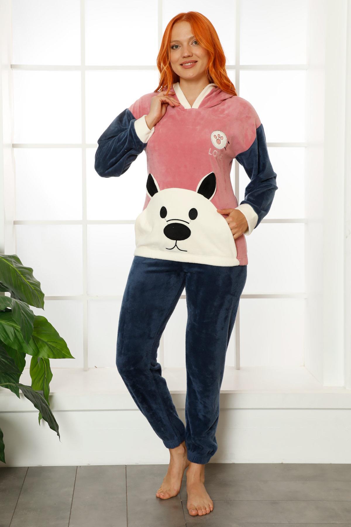 Premium Kapüşonlu Ayıcıklı Kadife Pijama Takımı