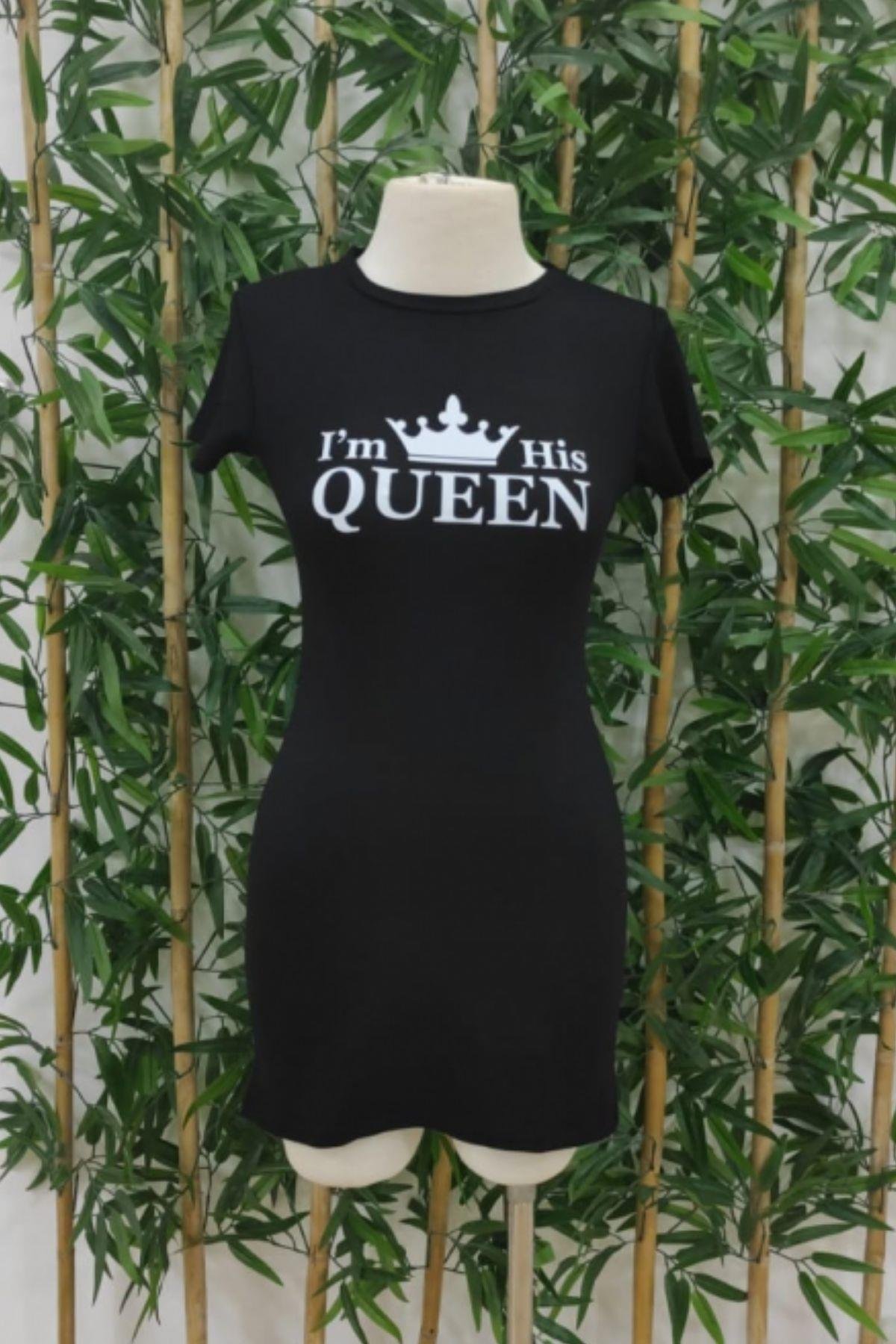 Queen Baskı İki İplik Mini Elbise Siyah