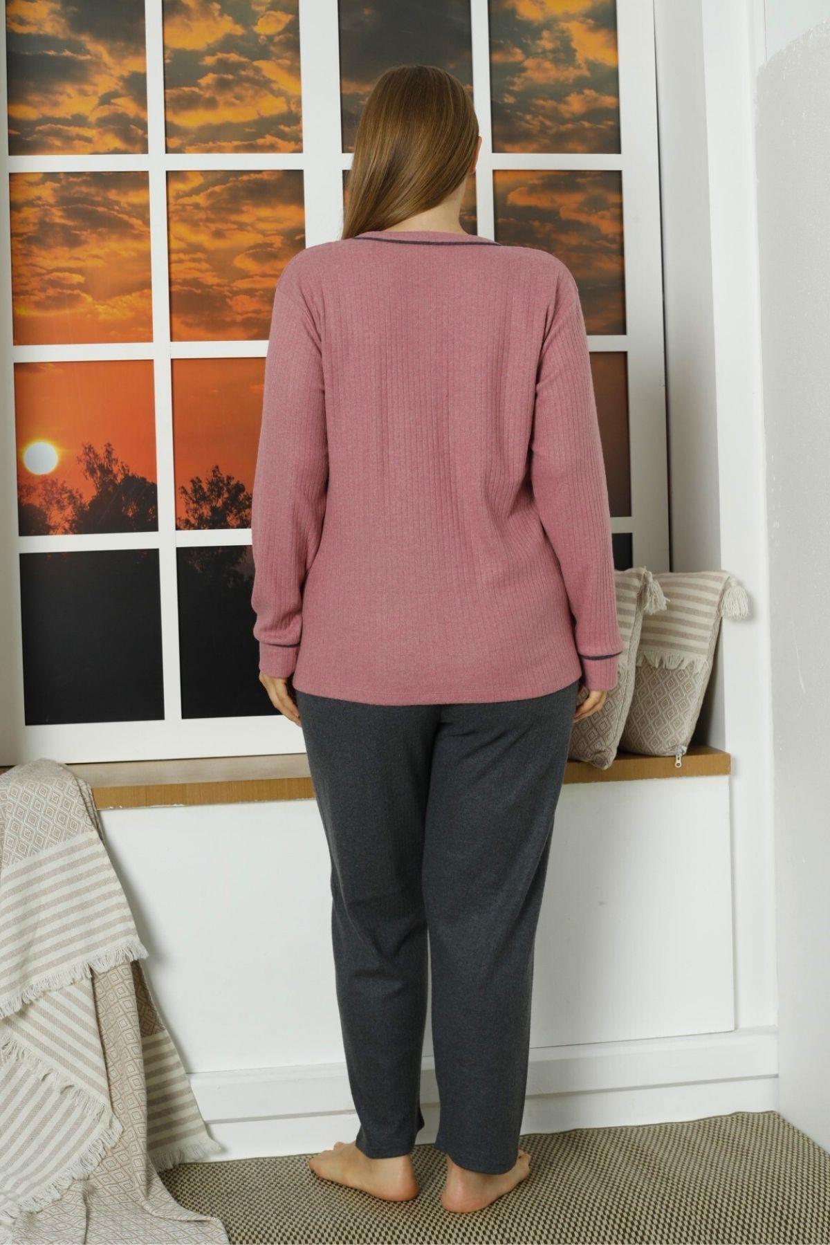 Rose Desenli Ön Düğmeli Büyük Beden Pijama Takımı Gül