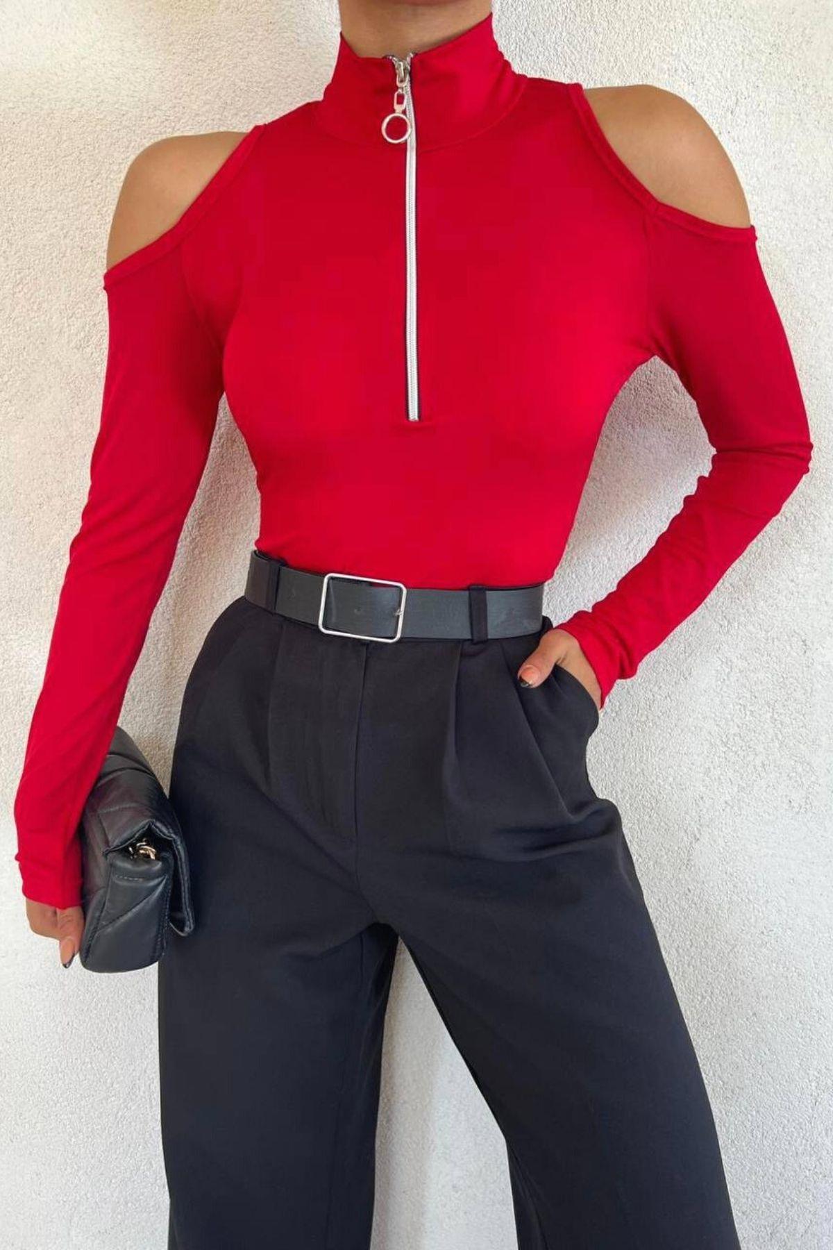 Sandy Fermuarlı Body Suit Kırmızı