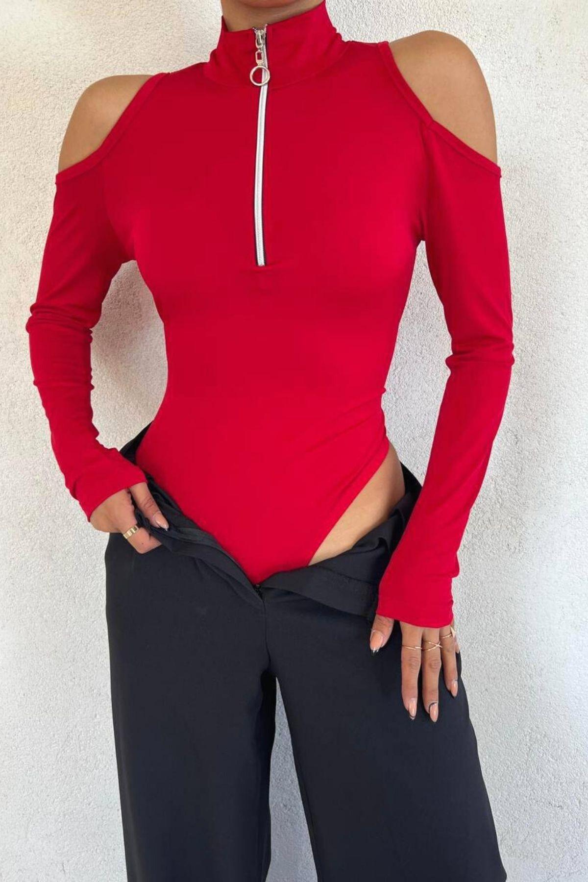 Sandy Fermuarlı Body Suit Kırmızı