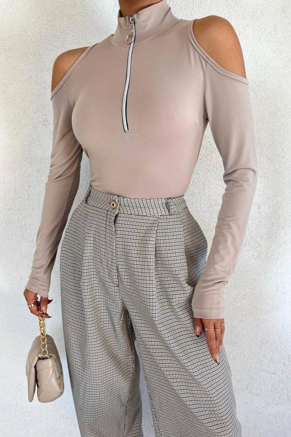 Sandy Fermuarlı Body Suit Vizon