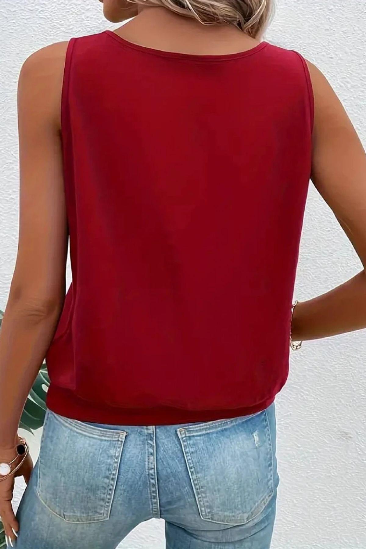 Sıfır Kol Damla Yaka Ve Aksesuar Detay Sandy Bluz Bordo