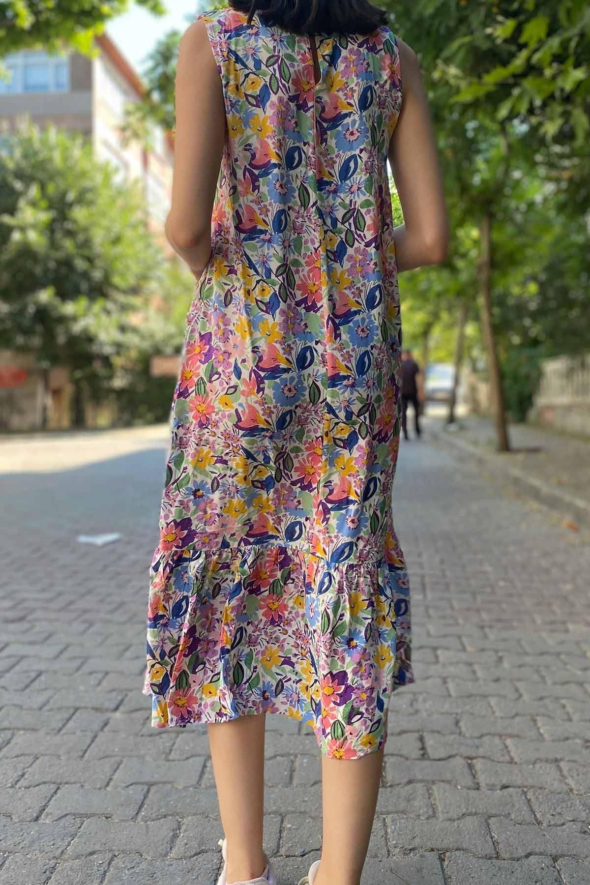 Sıfır Kol Eteği Fırfırlı Elbise