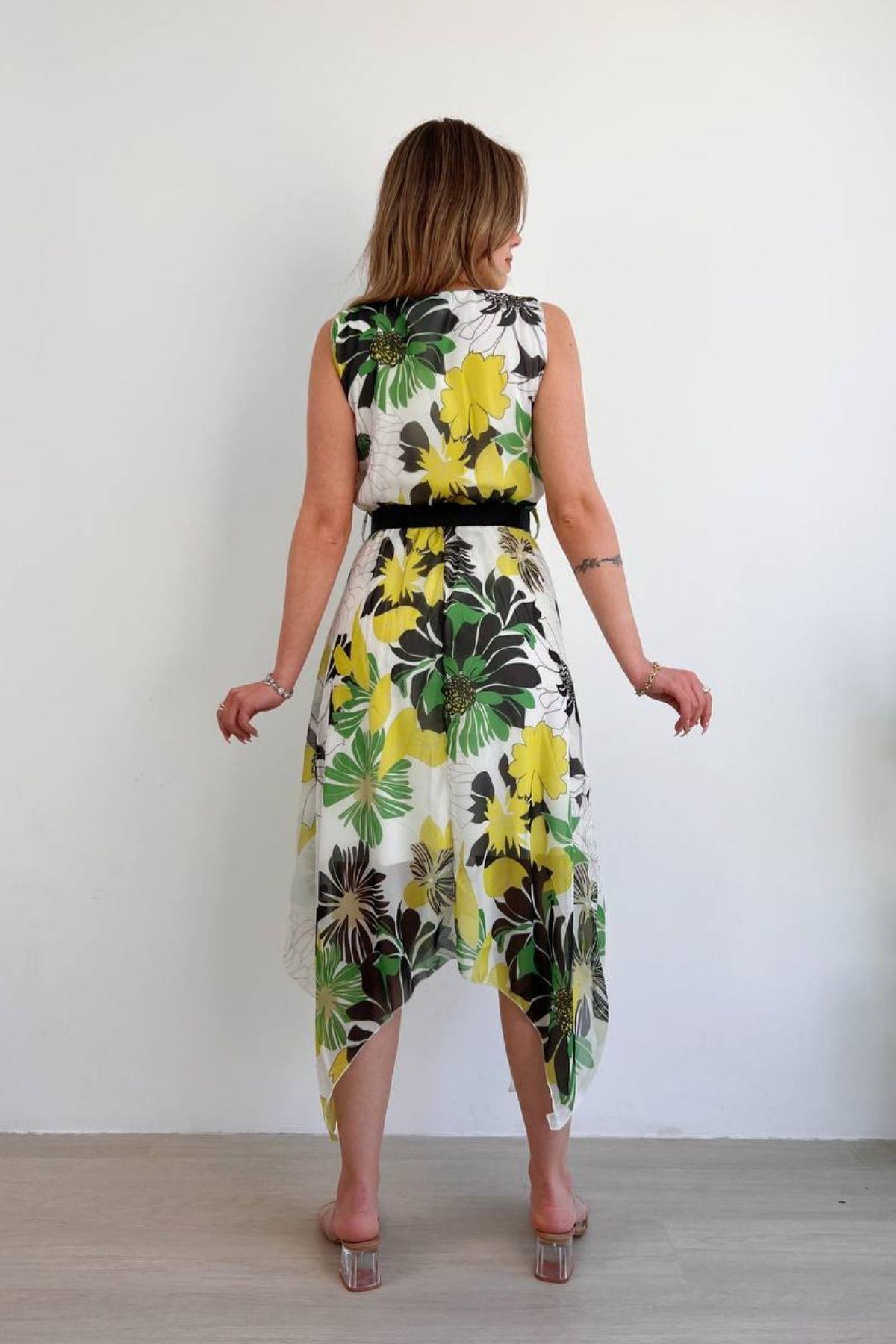 Sıfır Kol Kuşaklı Desenli Şifon Elbise Sarı