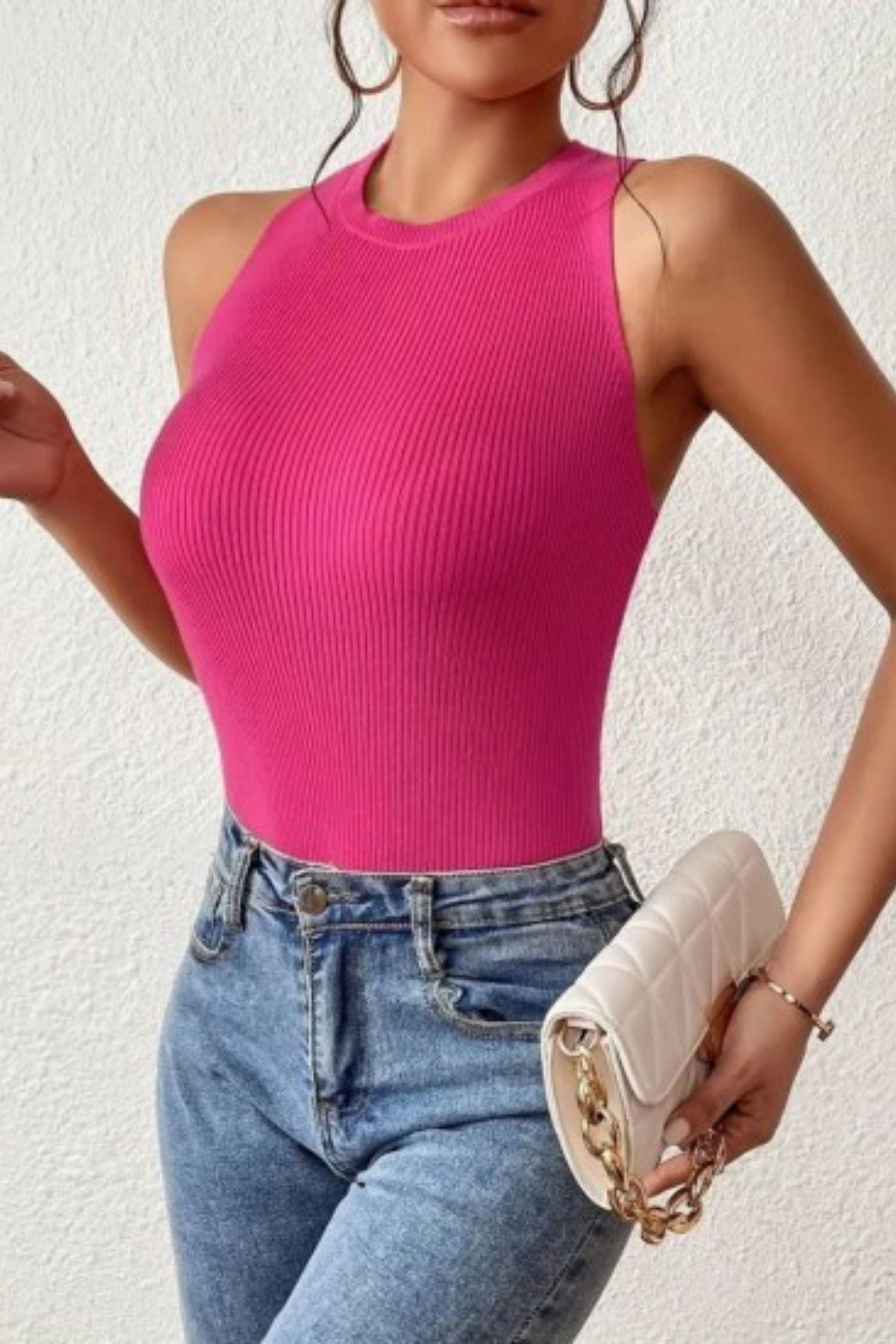 Sıfır Kol Sırt Çapraz Detay Triko Bluz Fuşya