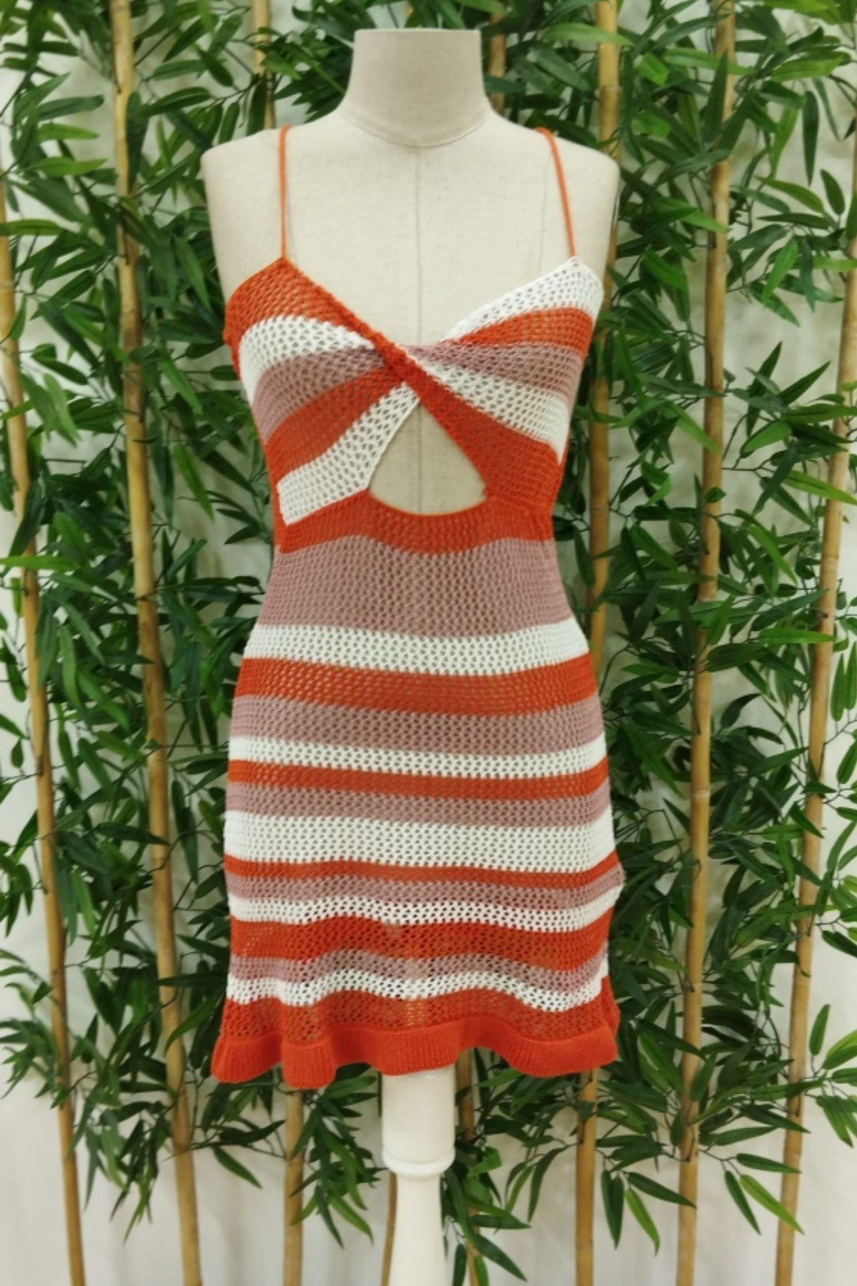 Sırtı Bağlamalı Pencere Detay Askılı Triko Elbise Turuncu