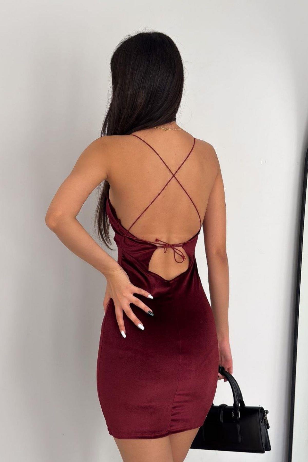 Sırtı Çapraz Bağlamalı Mini Elbise Kırmızı