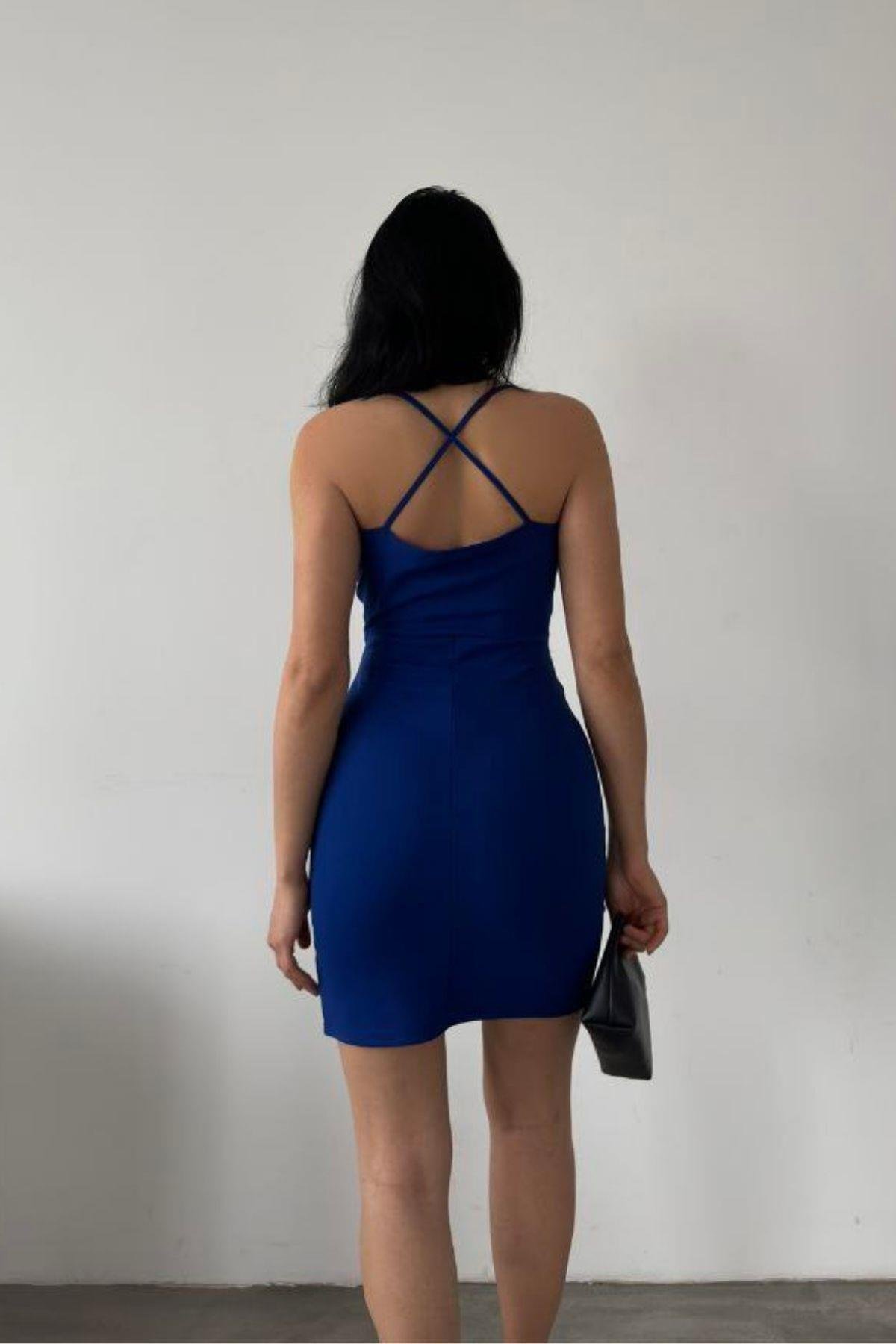 Sırtı Çapraz Mini Krep Elbise Saks