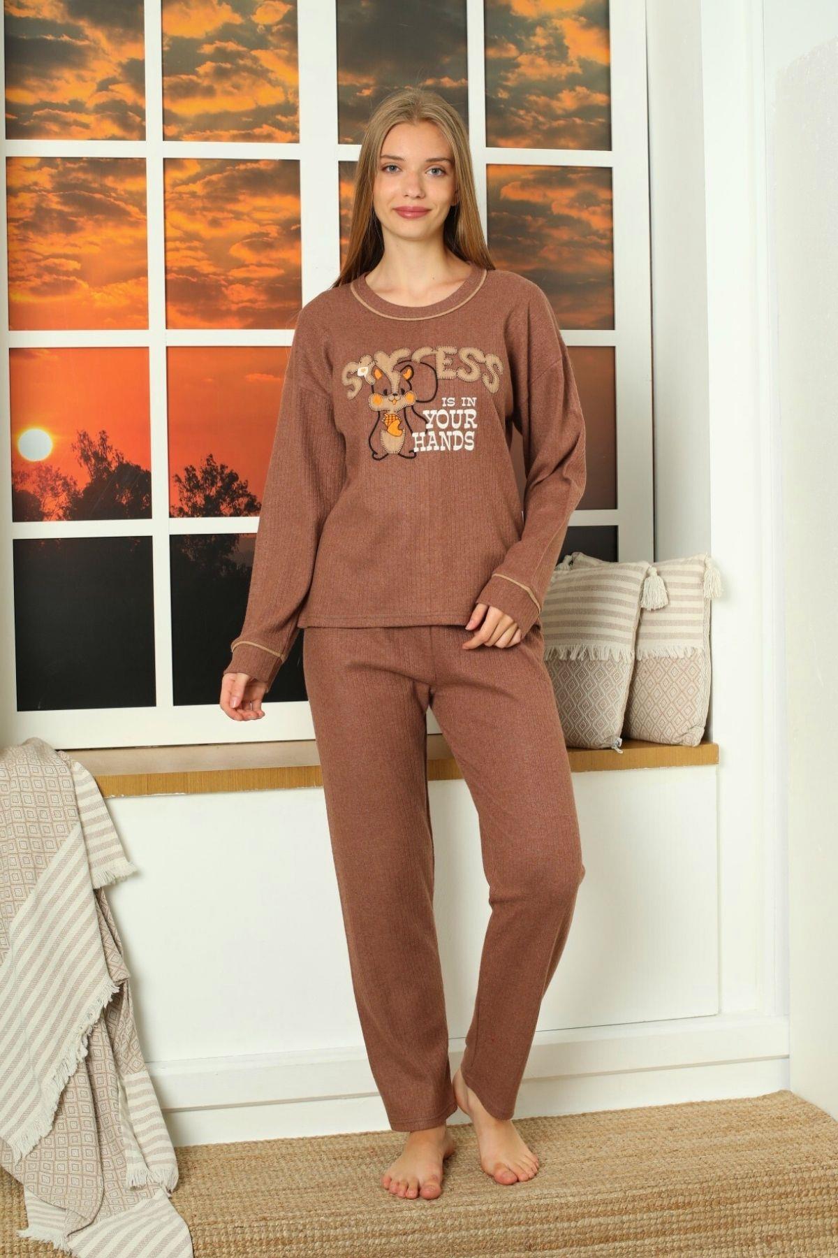 Squirrel Desenli Boru Paça Kalın Fitilli Pijama Takımı Vizon