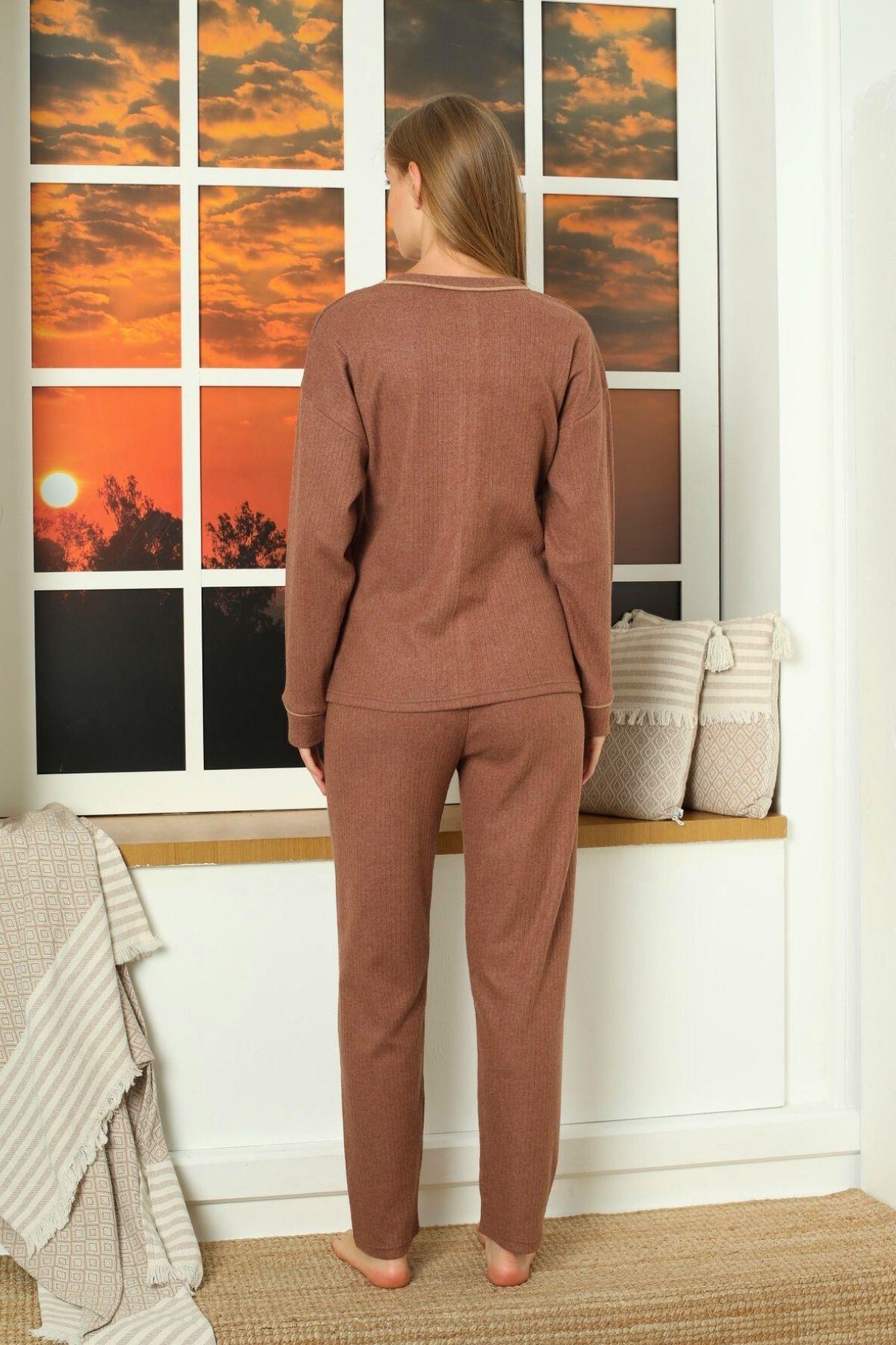 Squirrel Desenli Boru Paça Kalın Fitilli Pijama Takımı Vizon