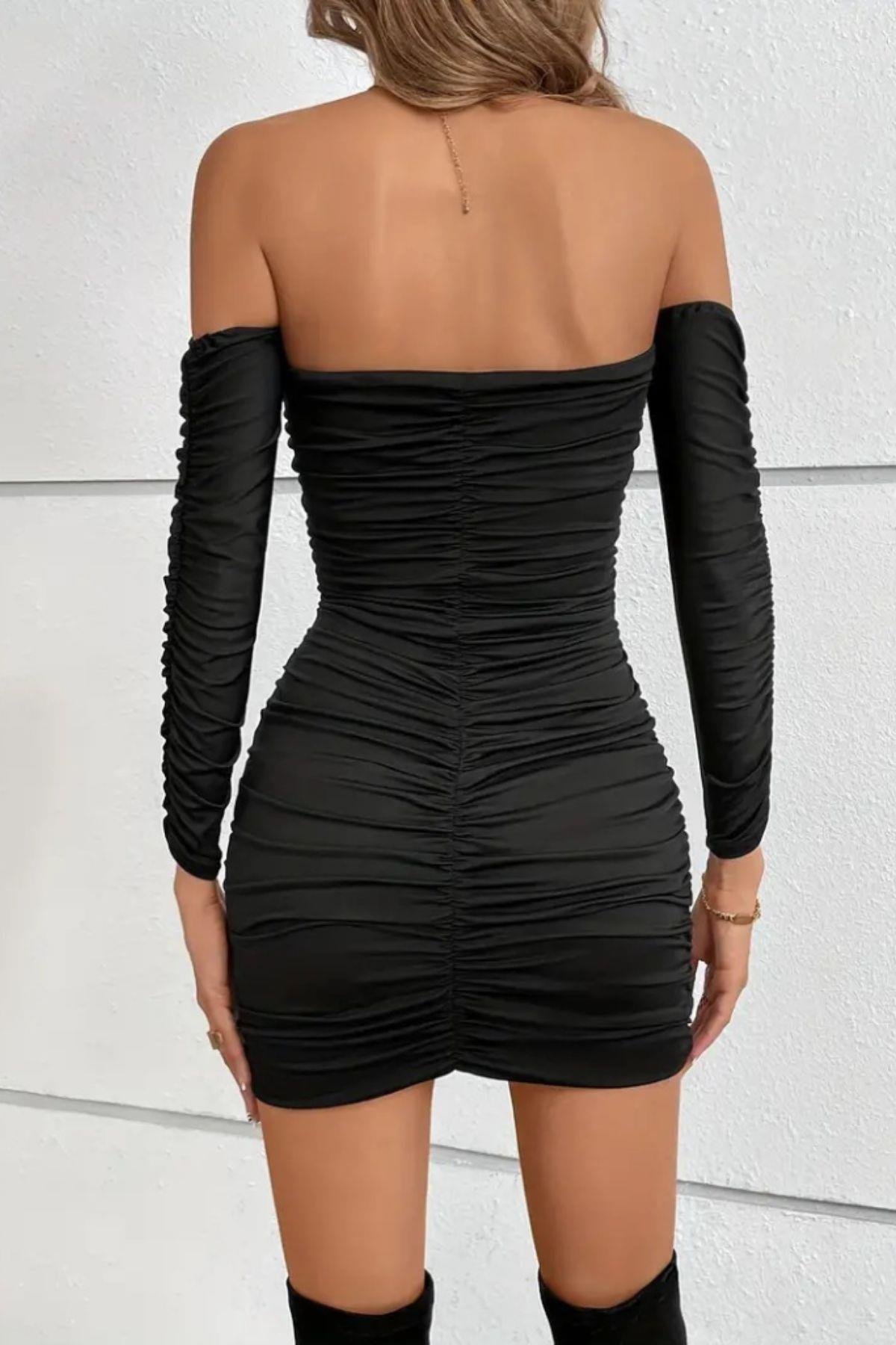 Straplez Takma Kollu Büzgülü Sandy Elbise Siyah