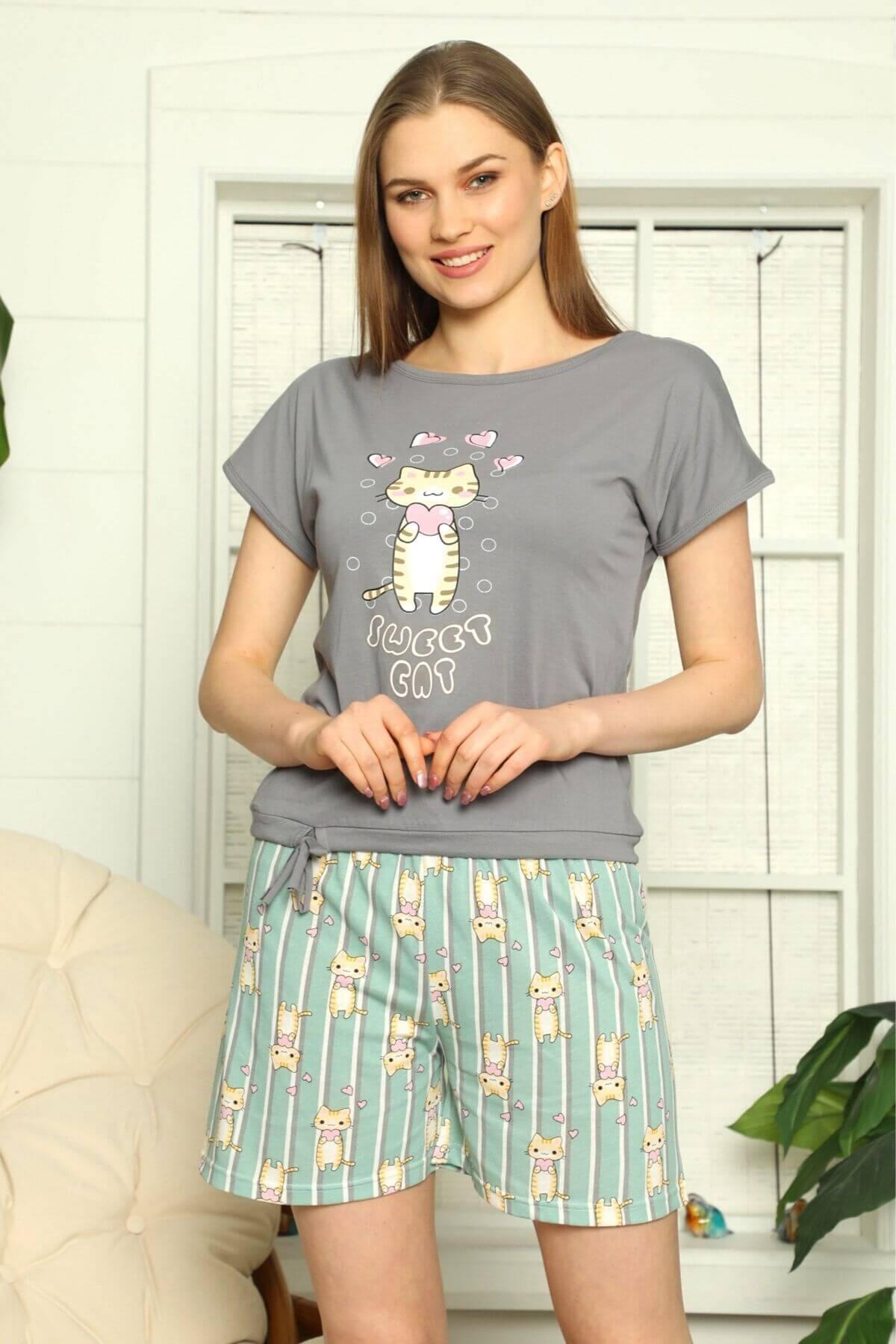 Sweat Cat Penye Kadın Şortlu Takım Gri