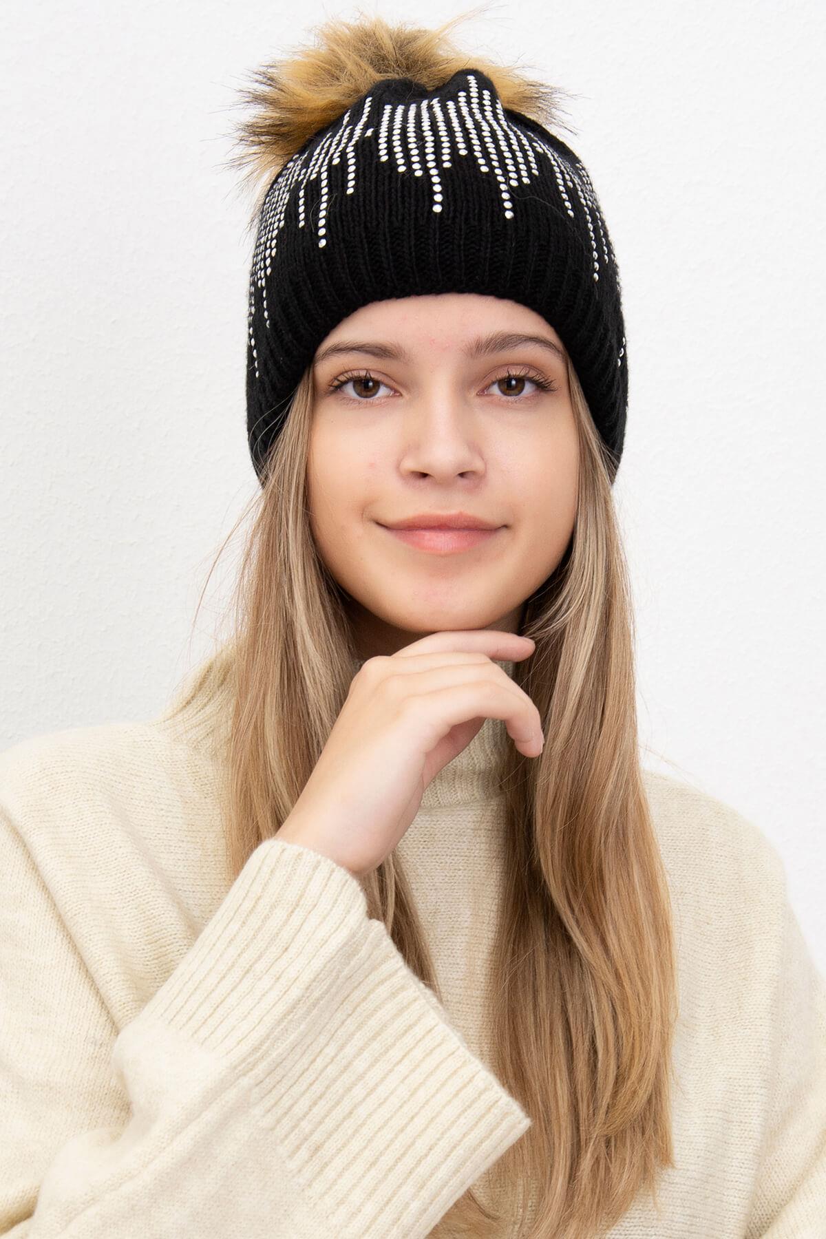 Taşlı Tüylü Ponponlu Bere Siyah