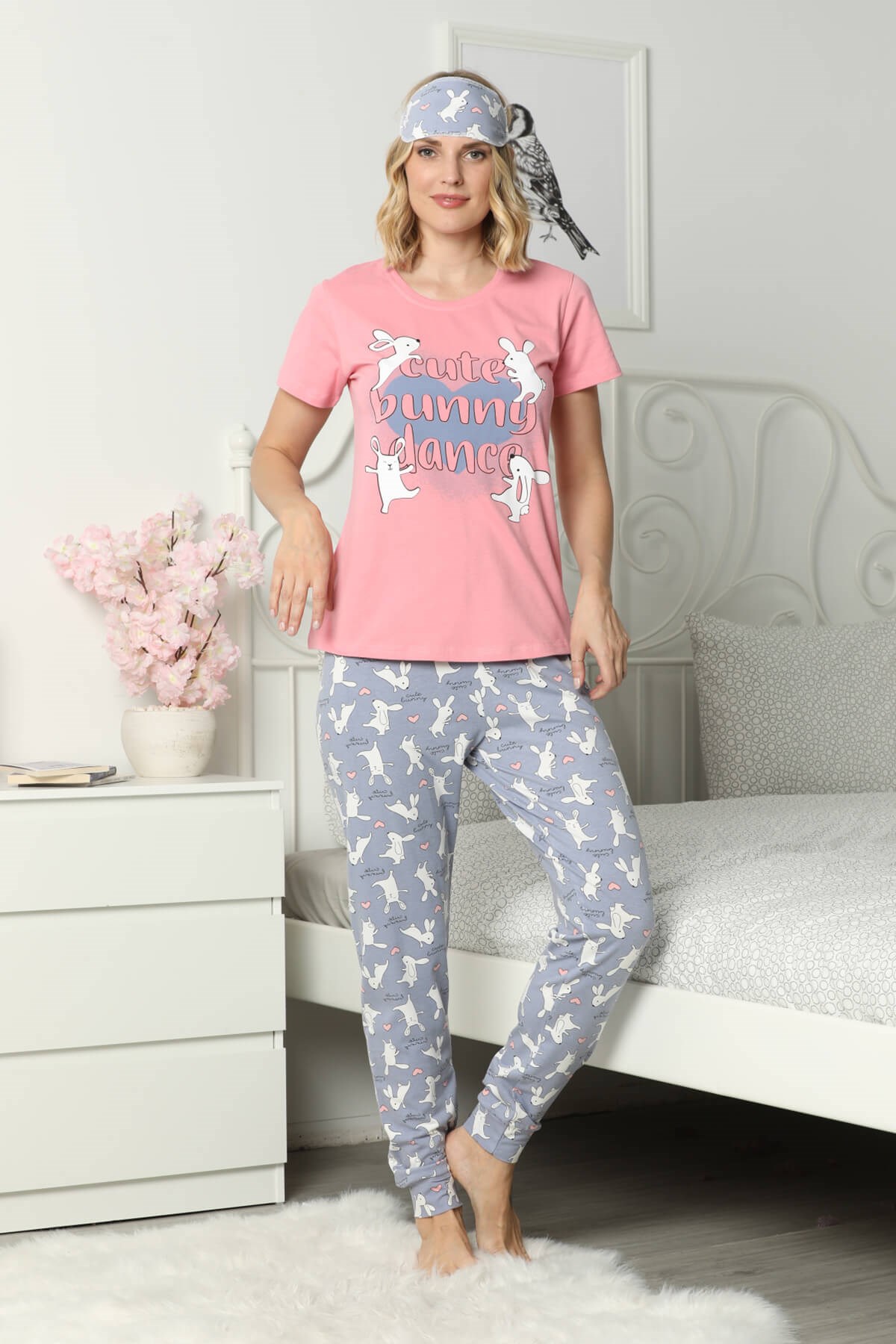 Tavşan Baskılı Kısa Kol Pijama Takım Pembe