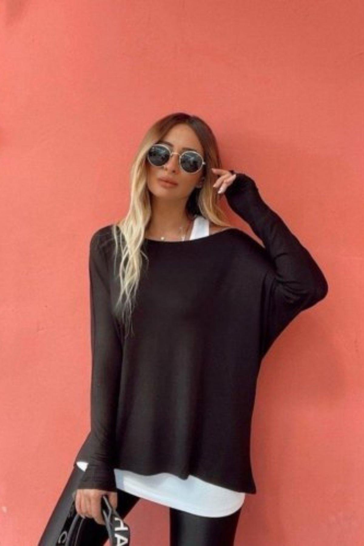 Tek Omuz Açık Salaş İç Atlet Viskon Bluz Siyah