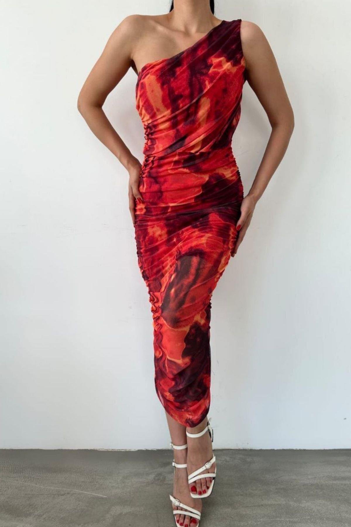 Tek Omuz Desenli Midi Tül Elbise Kırmızı