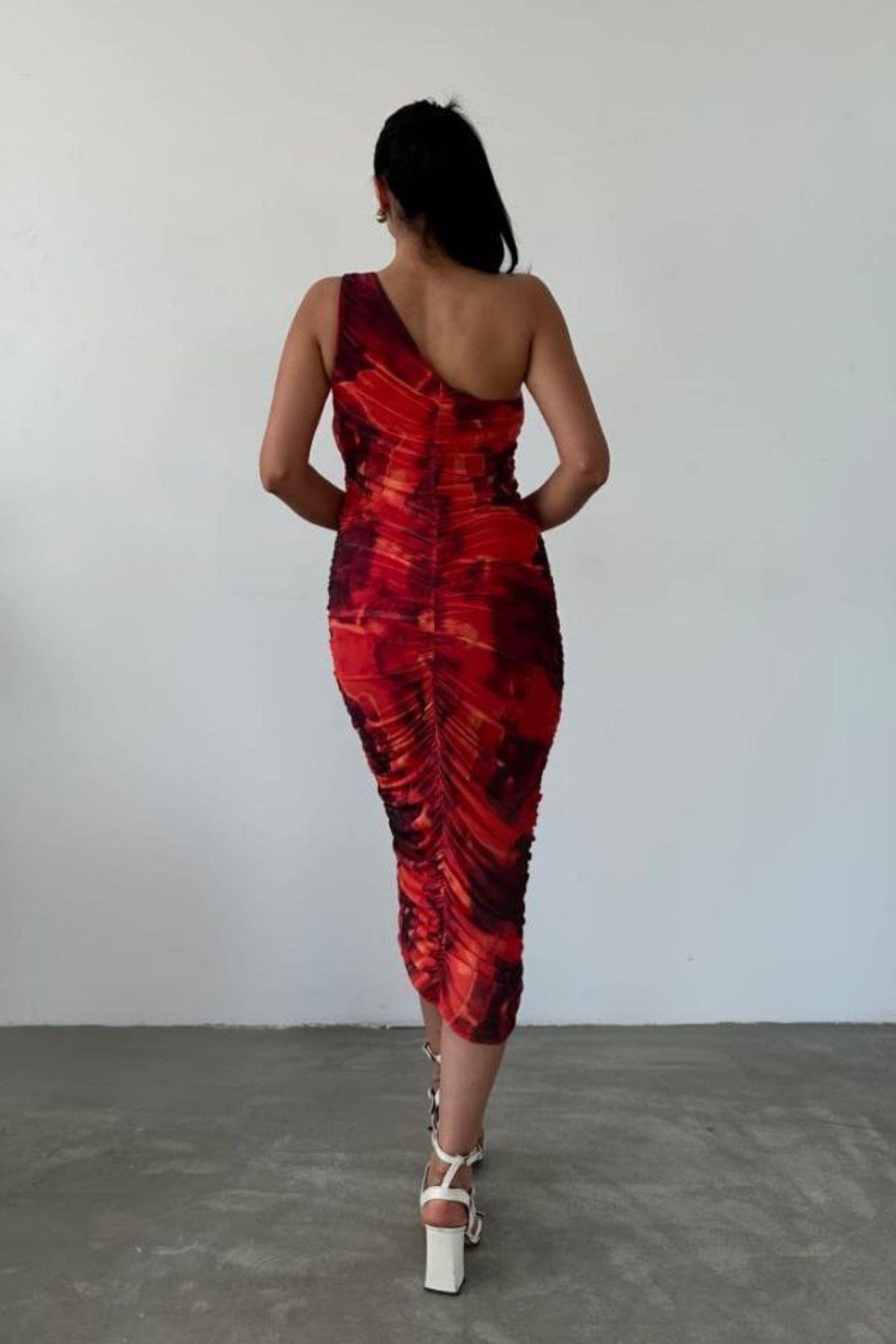 Tek Omuz Desenli Midi Tül Elbise Kırmızı