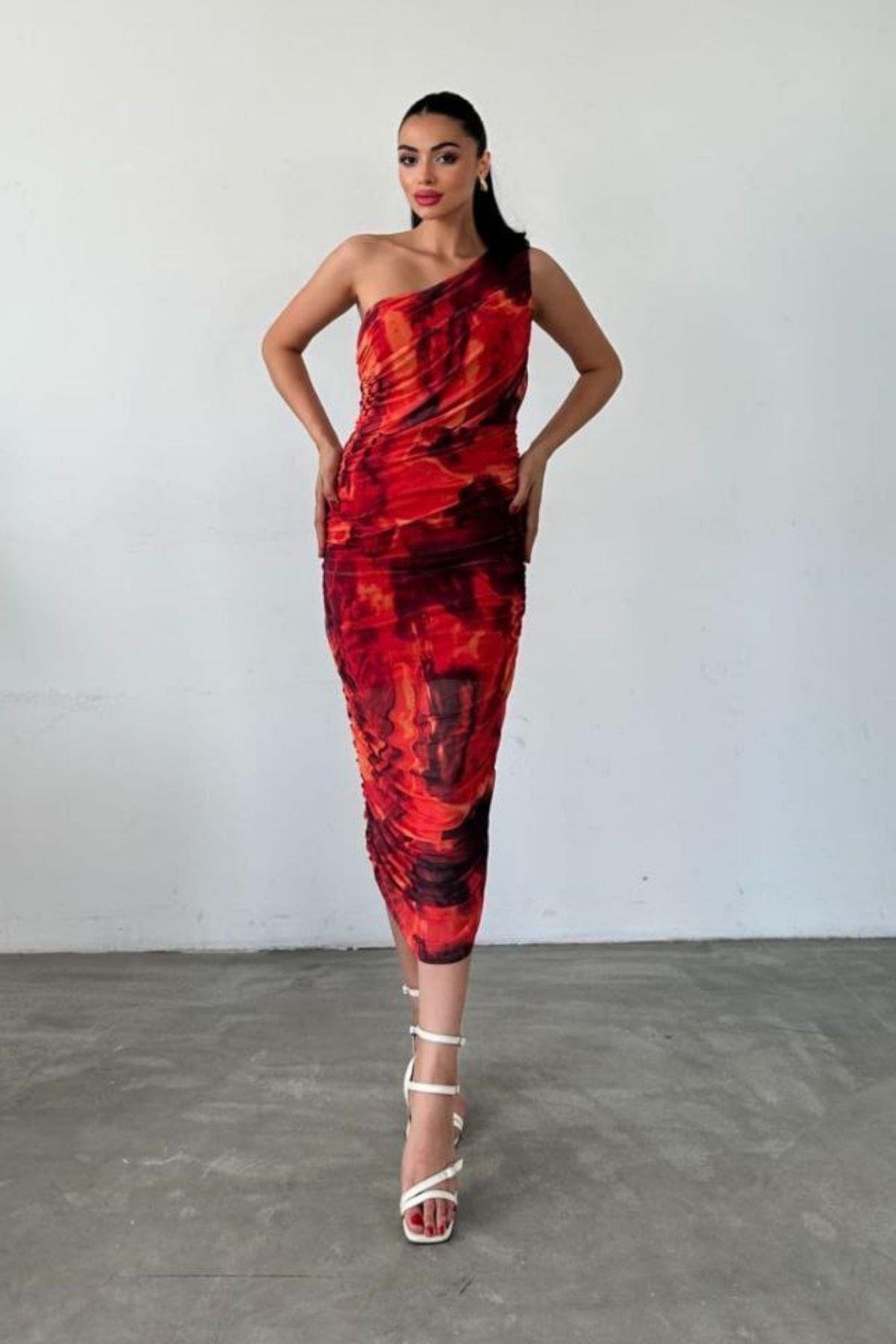 Tek Omuz Desenli Midi Tül Elbise Kırmızı