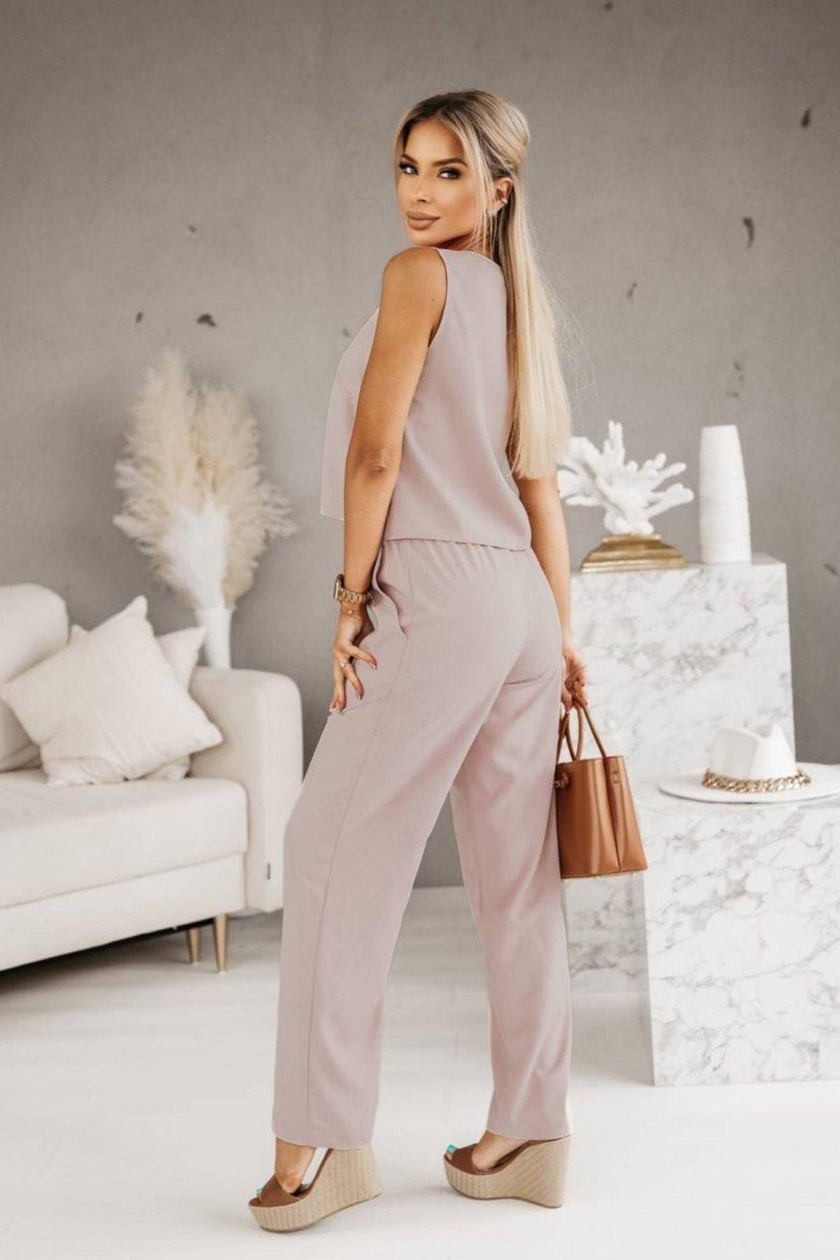 Üstü V Yaka Kolsuz Krop Alt Beli Lastikli Pantalon İki İplik Takım Bej