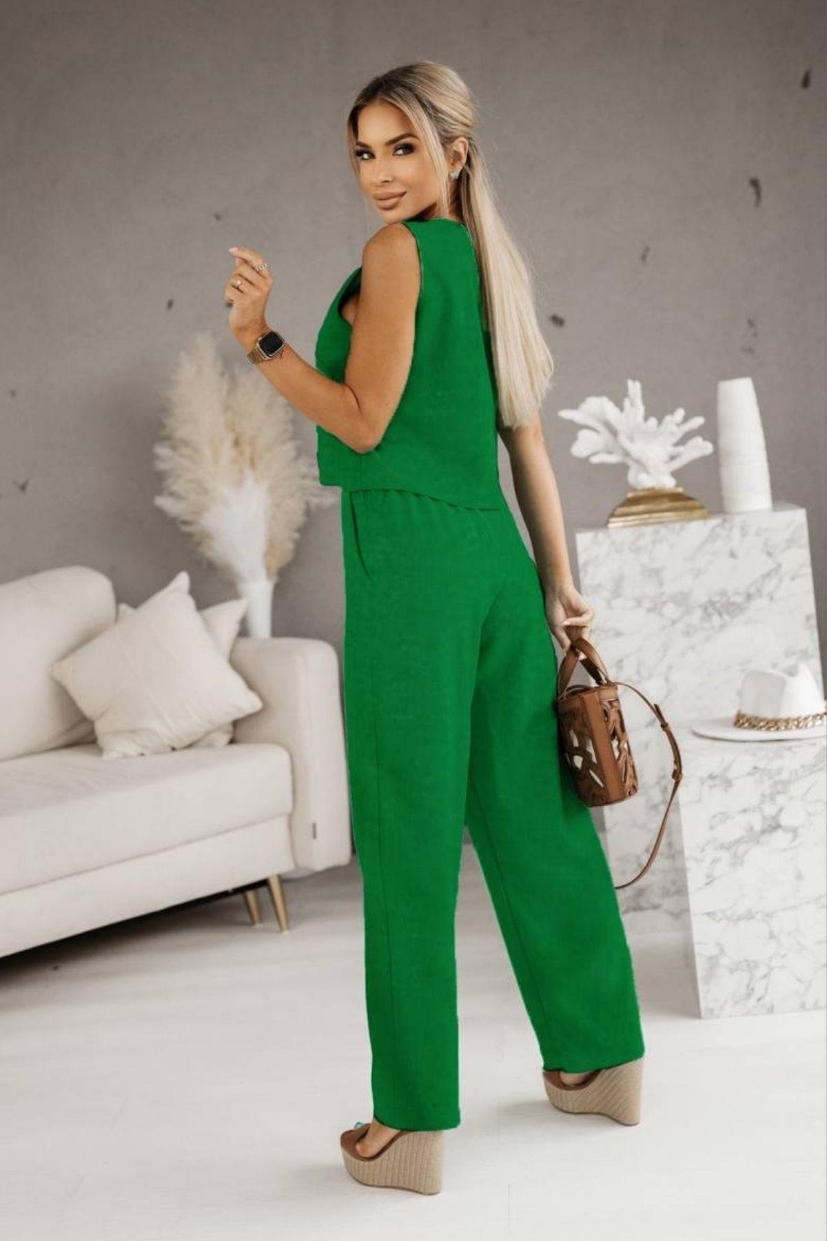 Üstü V Yaka Kolsuz Krop Alt Beli Lastikli Pantalon İki İplik Takım Yeşil