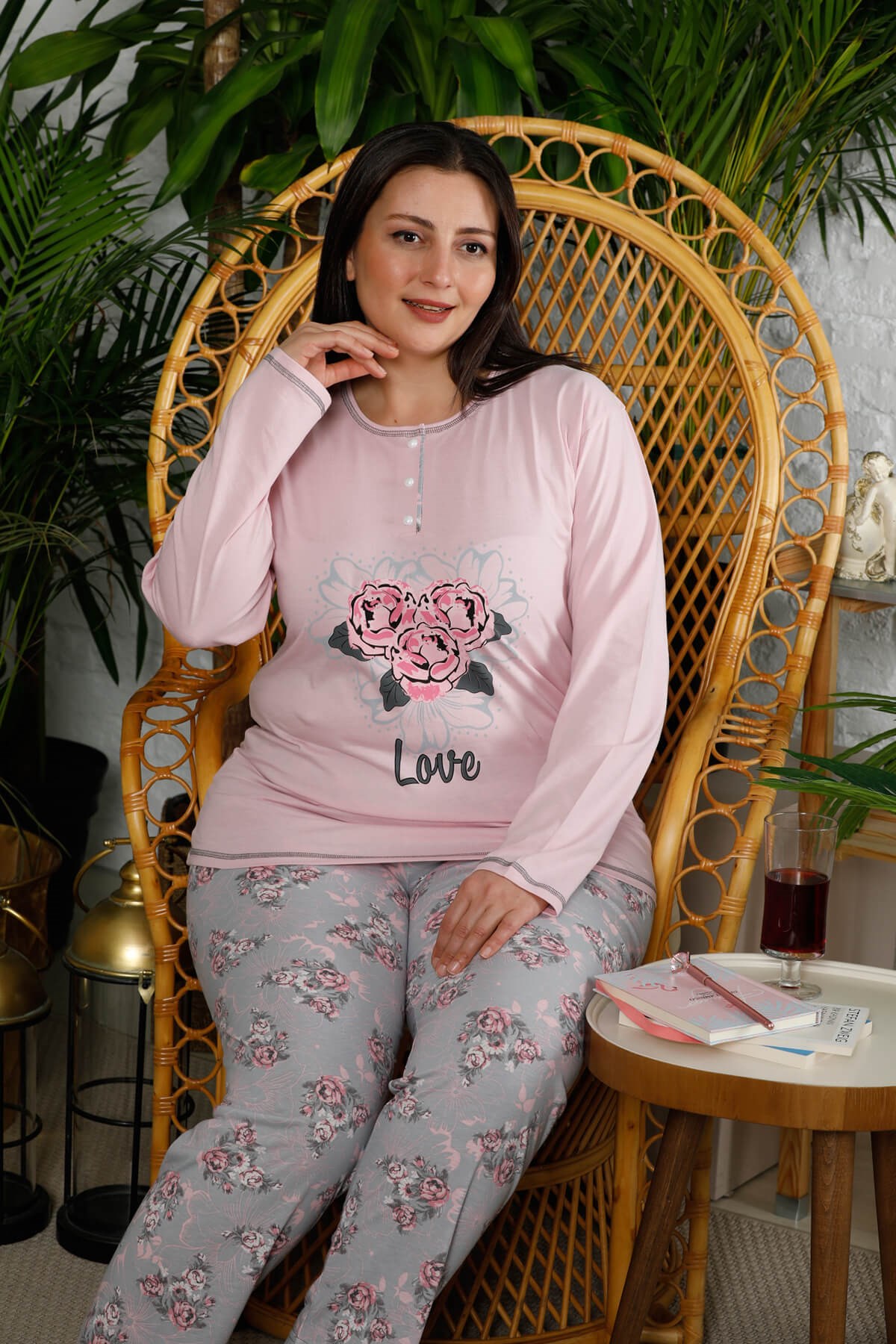 Uzun Kol Battal Beden Pijama Takım Pembe