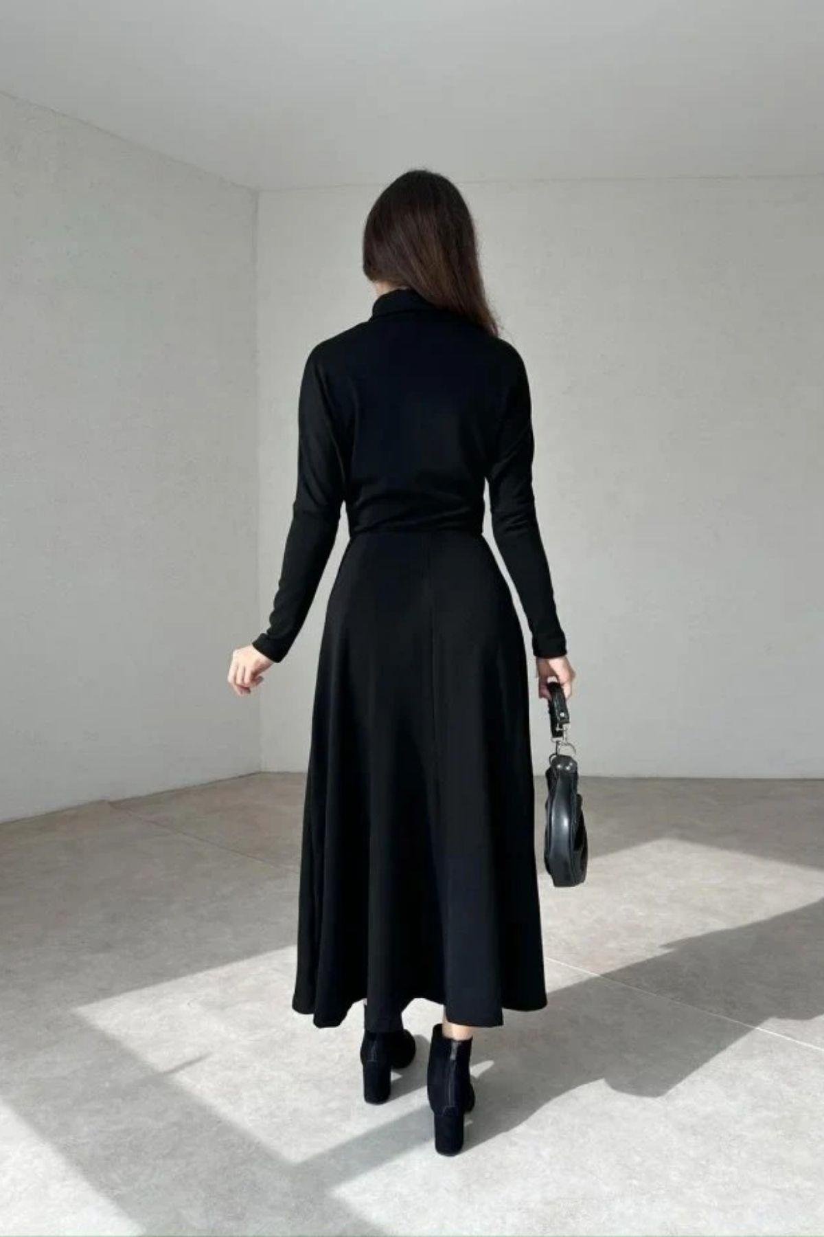 Uzun Kollu Balıkçı Yaka Akrilik Elbise Siyah