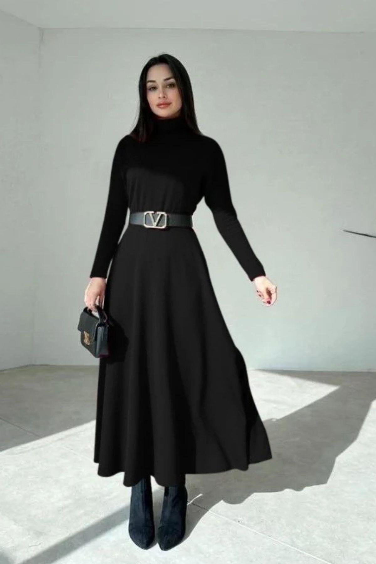 Uzun Kollu Balıkçı Yaka Akrilik Elbise Siyah